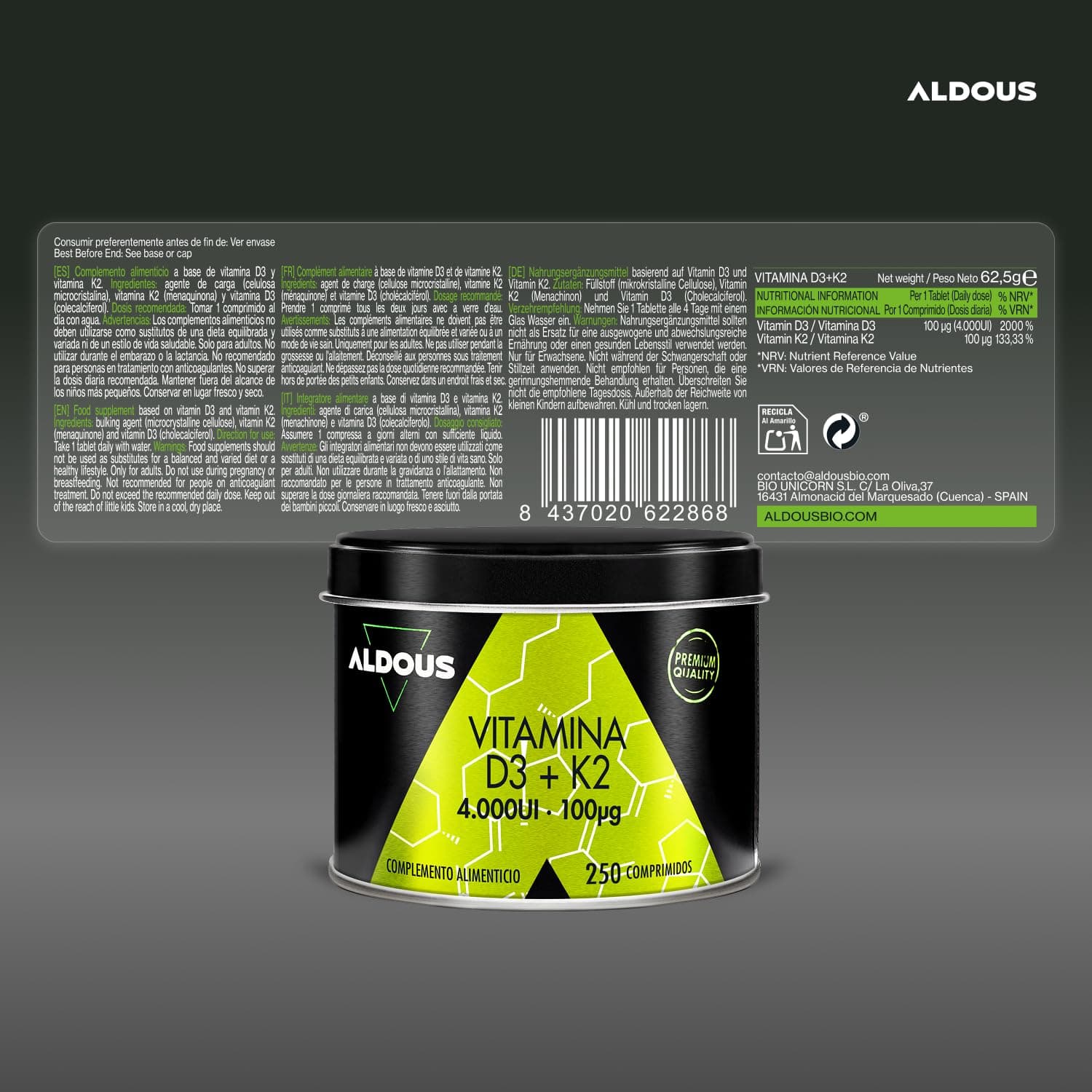 Aldous Bio Vitamina D3 y K2 4000 UI - 250 comprimidos – Bild 6
