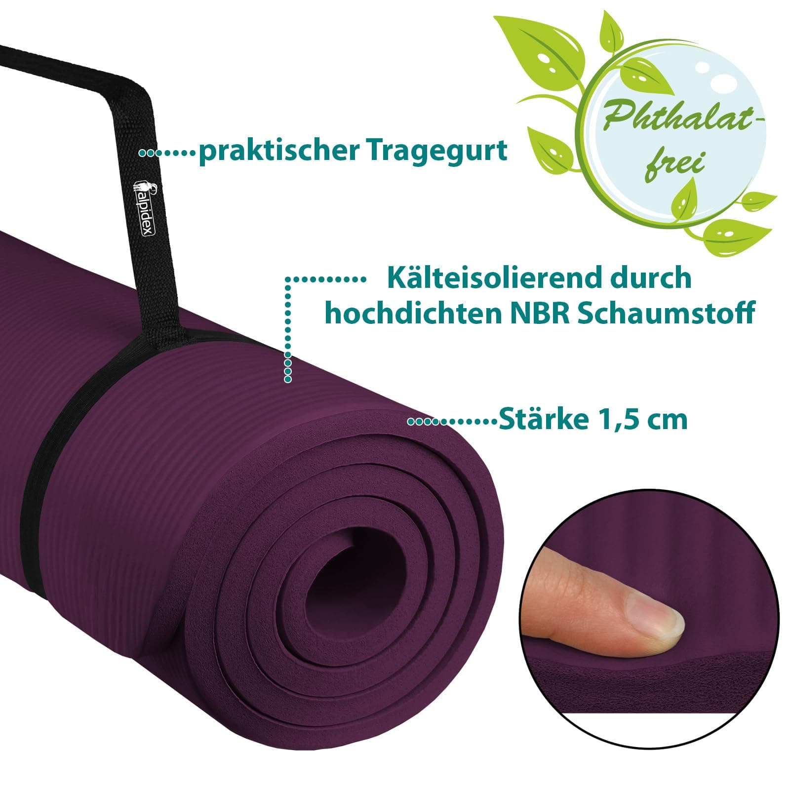 ALPIDEX Yogamatte Dick 1,5 cm 190x60cm Gymnastikmatte – Bild 5