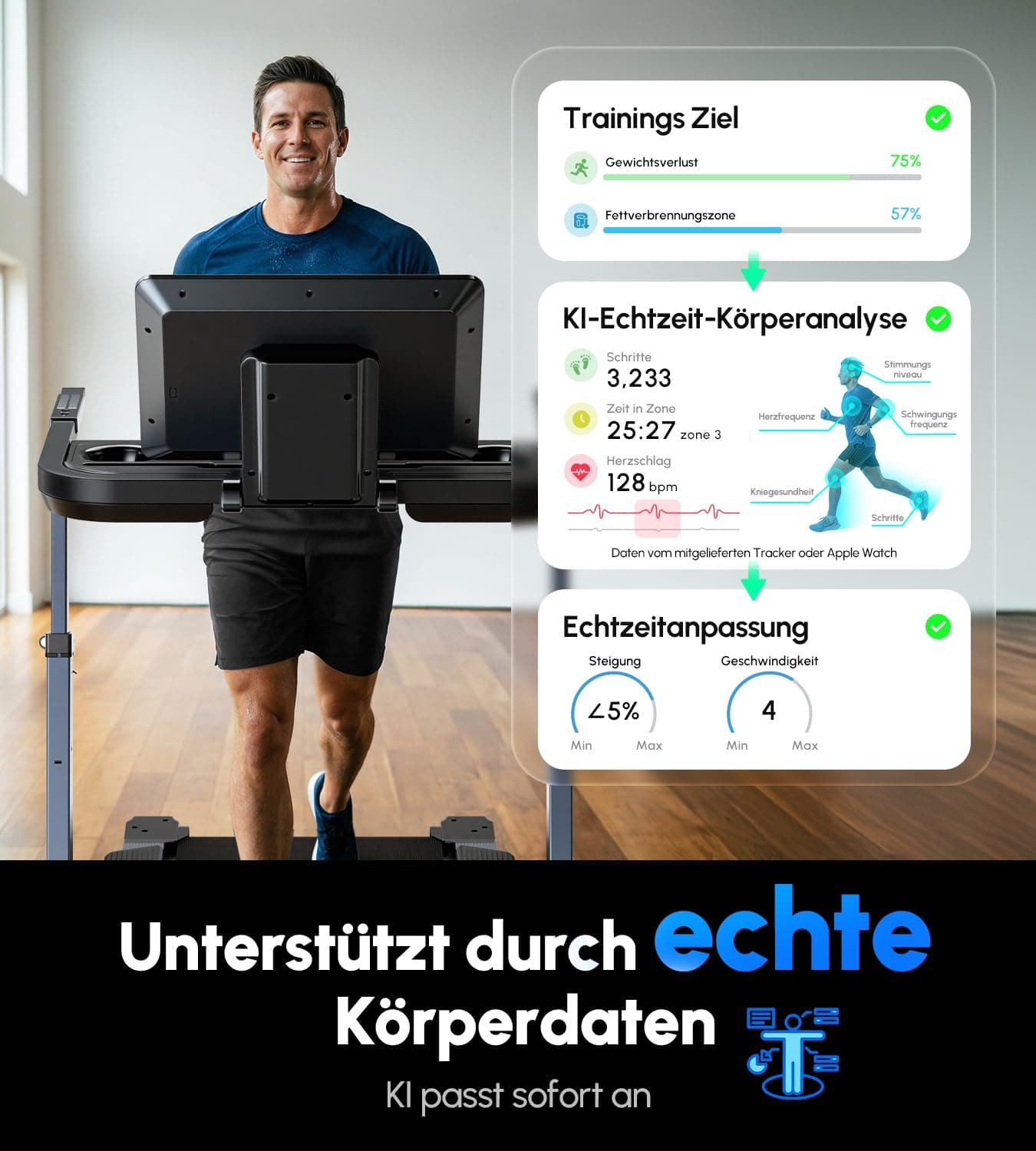 VONKO KI-adaptiver Smarter Laufband für Zuhause 15.5km/h mit – Bild 3