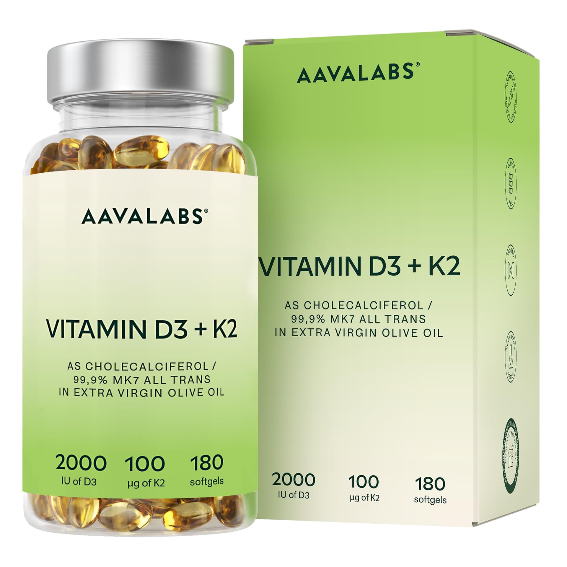AAVALABS Vitamin D3 K2 MK7 (99.9% All-Trans) with Extra Virgin Olive