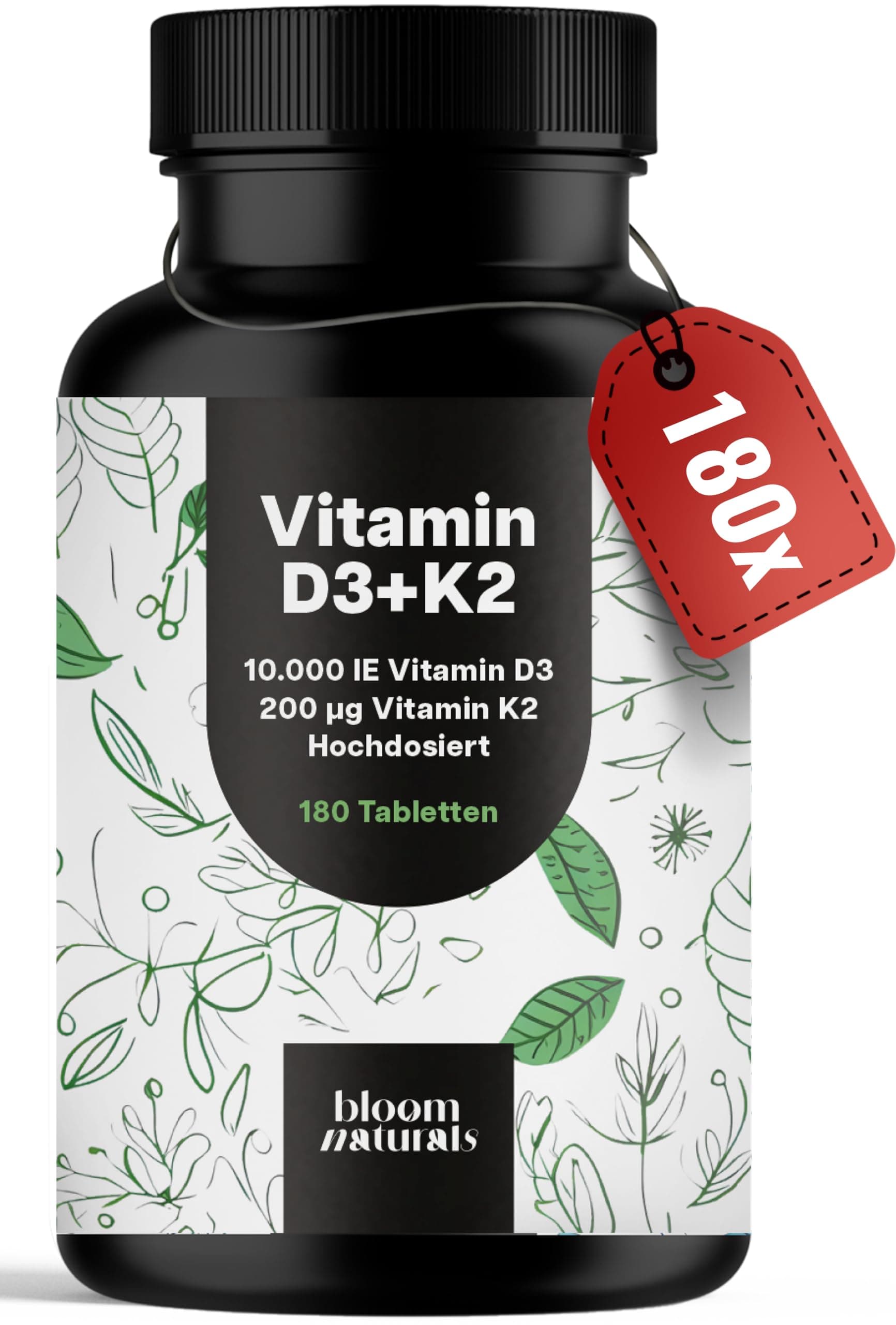 Bloom Naturals Beauty Supplements Vitamin D3 K2 hochdosiert – 180 Tabletten