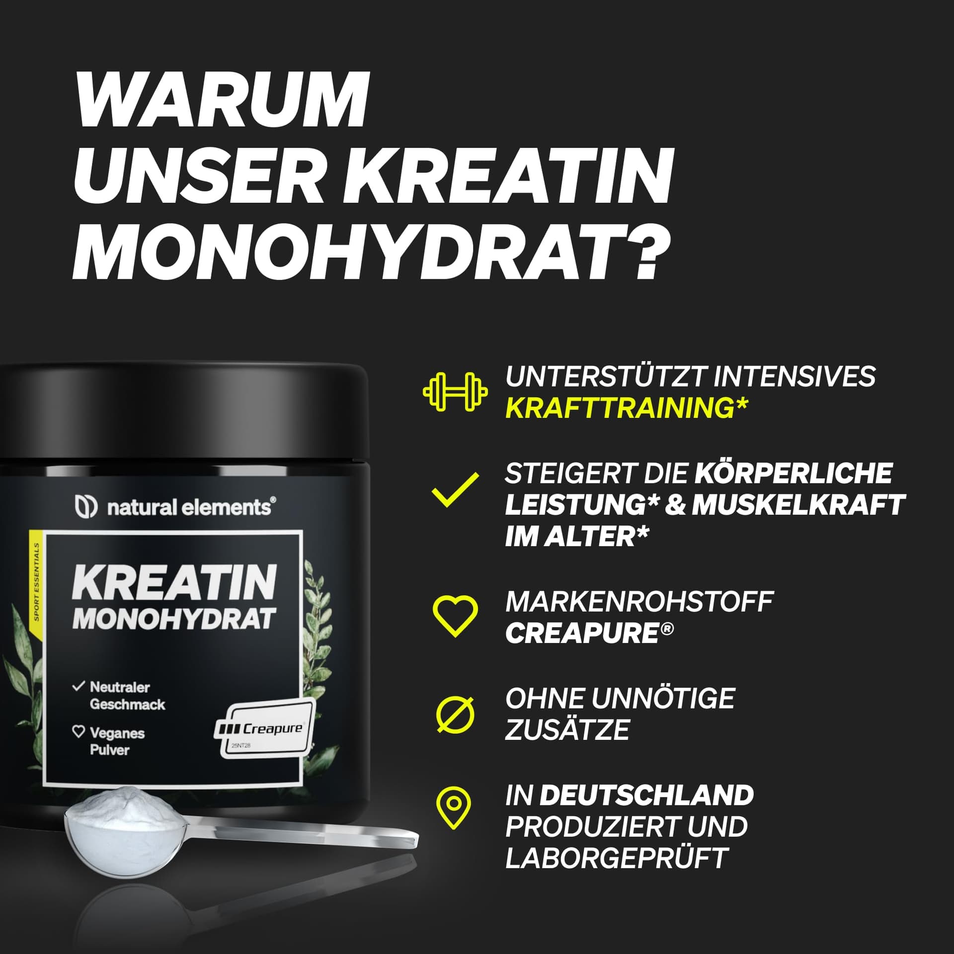 Natural Elements Kreatin Monohydrat Pulver – Markenrohstoff Creapure® – 147 Portionen – Bild 2