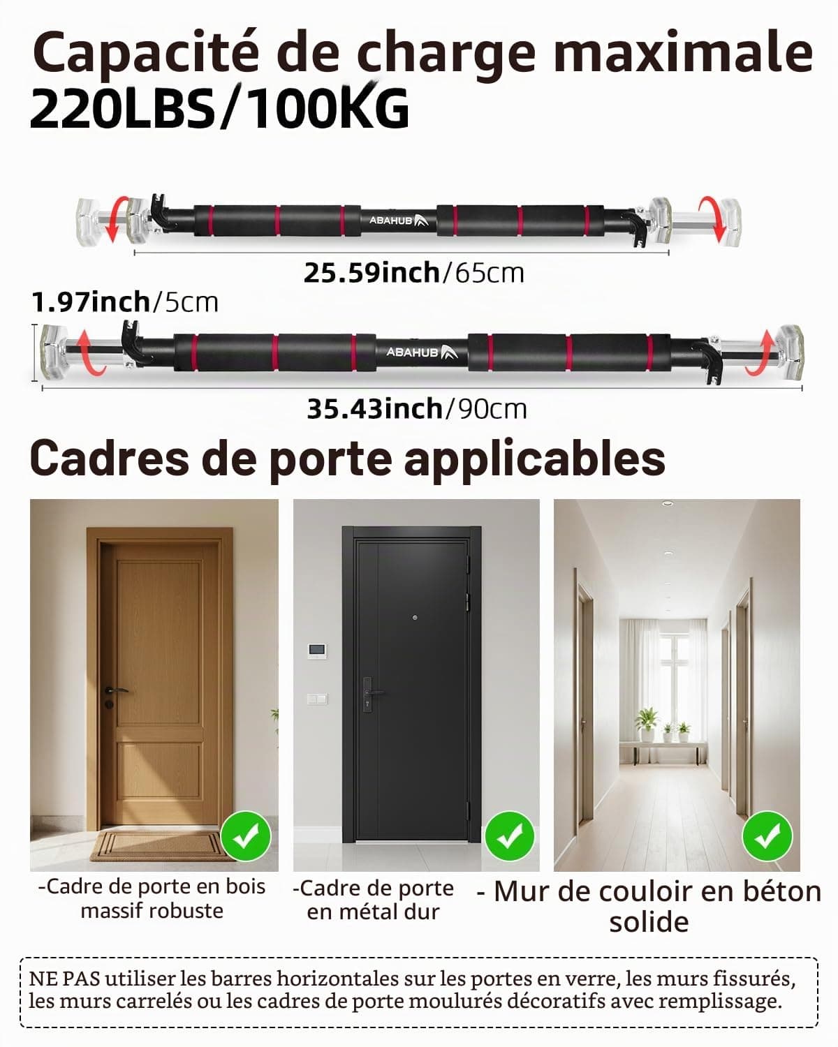 Abahub Barre de Traction Porte Réglable 65-100cm sans Vis – Bild 6