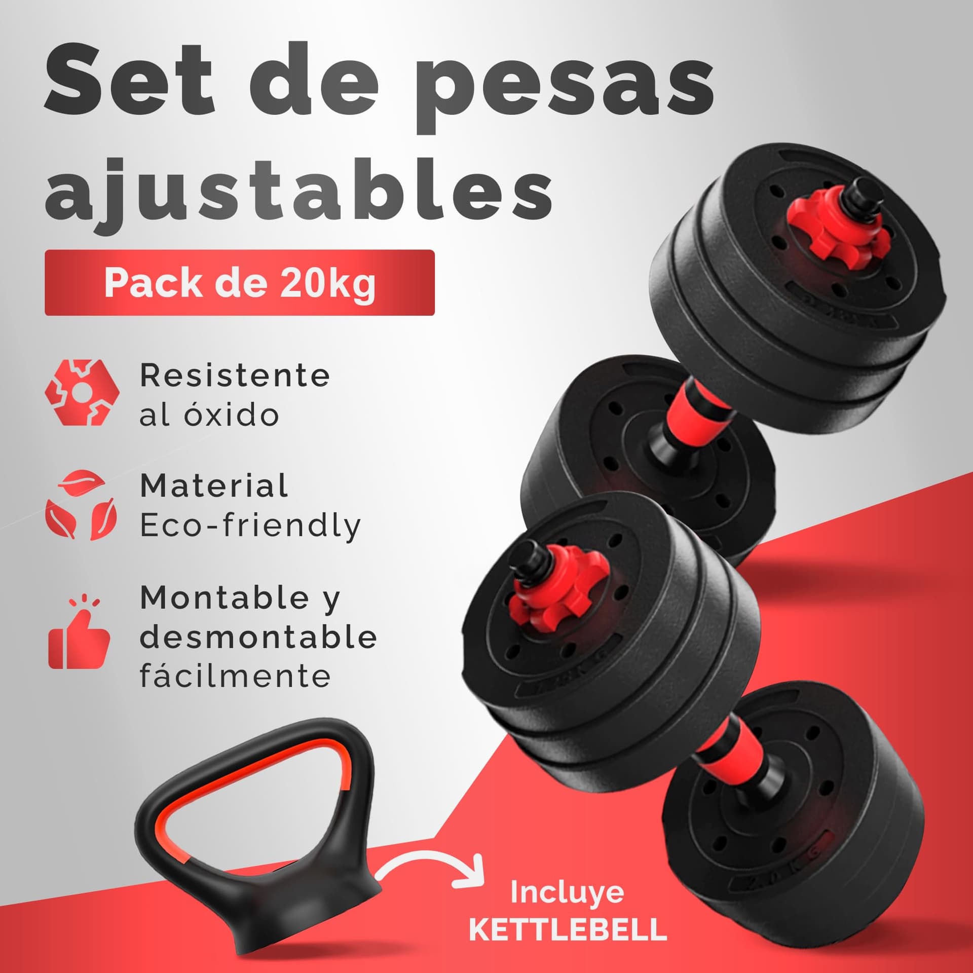 JUPPLIES Juego de Mancuernas Ajustables 4 en 1 + Kettlebell - 10kg – Bild 2