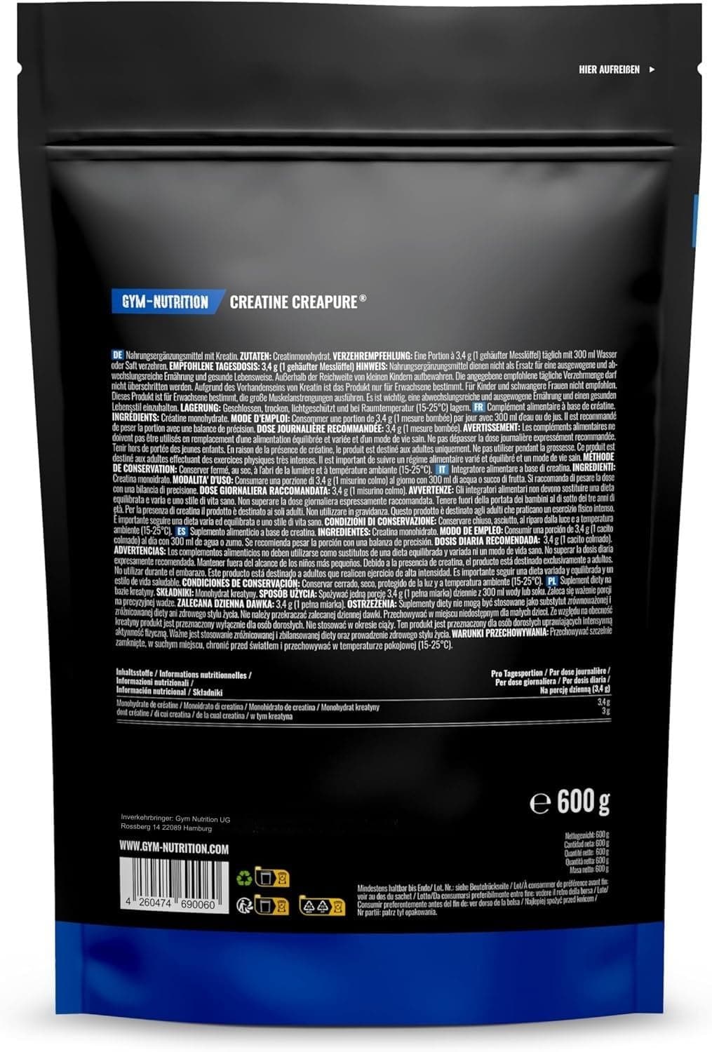 Gym Nutrition Creapure® Creatine Monohydrat Pulver 600g – Bild 2