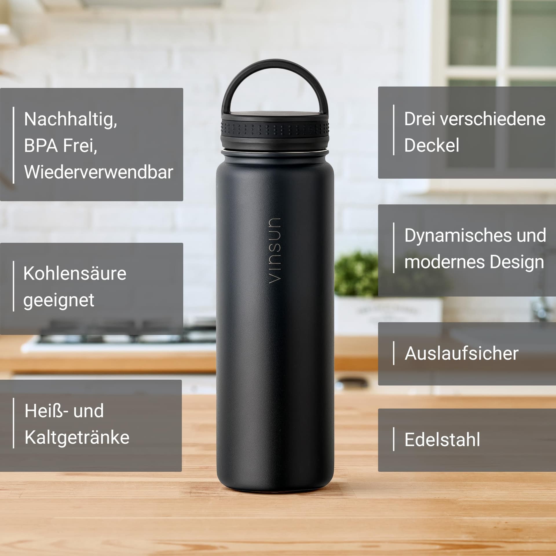 VINSUN Thermosflasche schwarz 1L – Bild 2