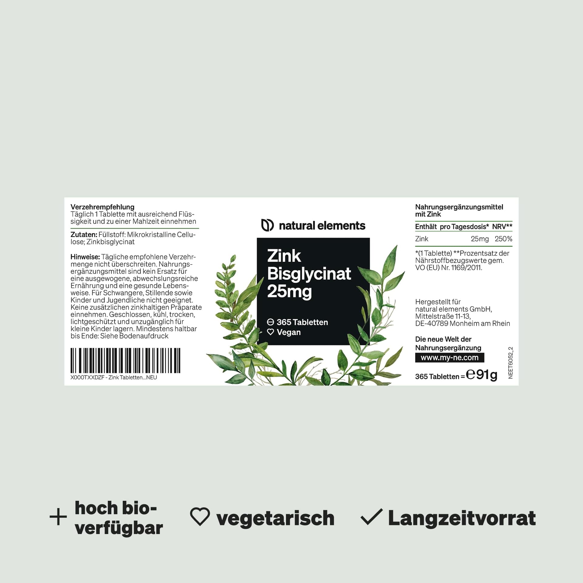 Natural Elements Zink 25mg – 365 Tabletten – Bild 5