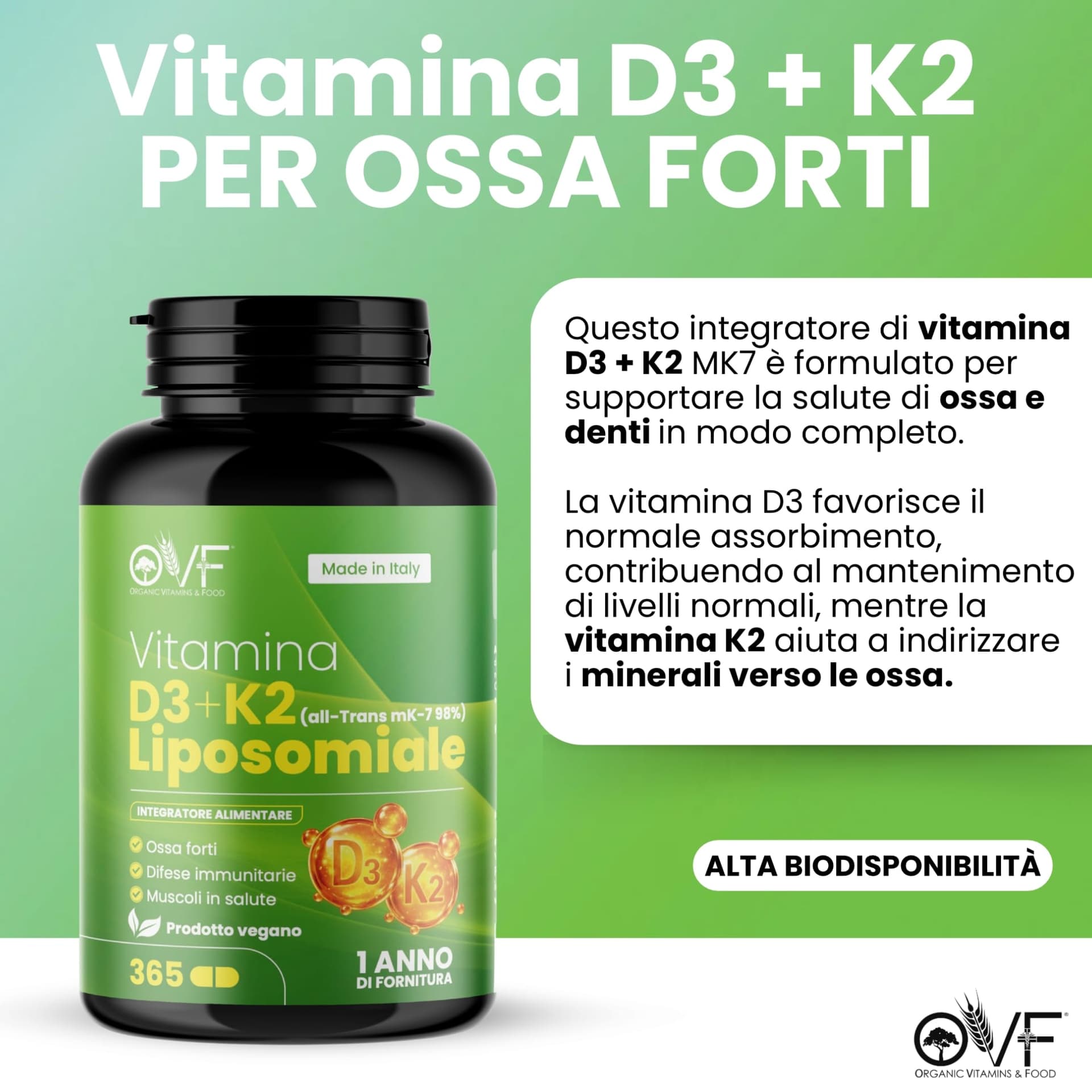PARAFARMACIA, ORGANIC VITAMINS & FOOD OVF Vitamina D3 K2 Alto Dosaggio 365 Capsule – Bild 2