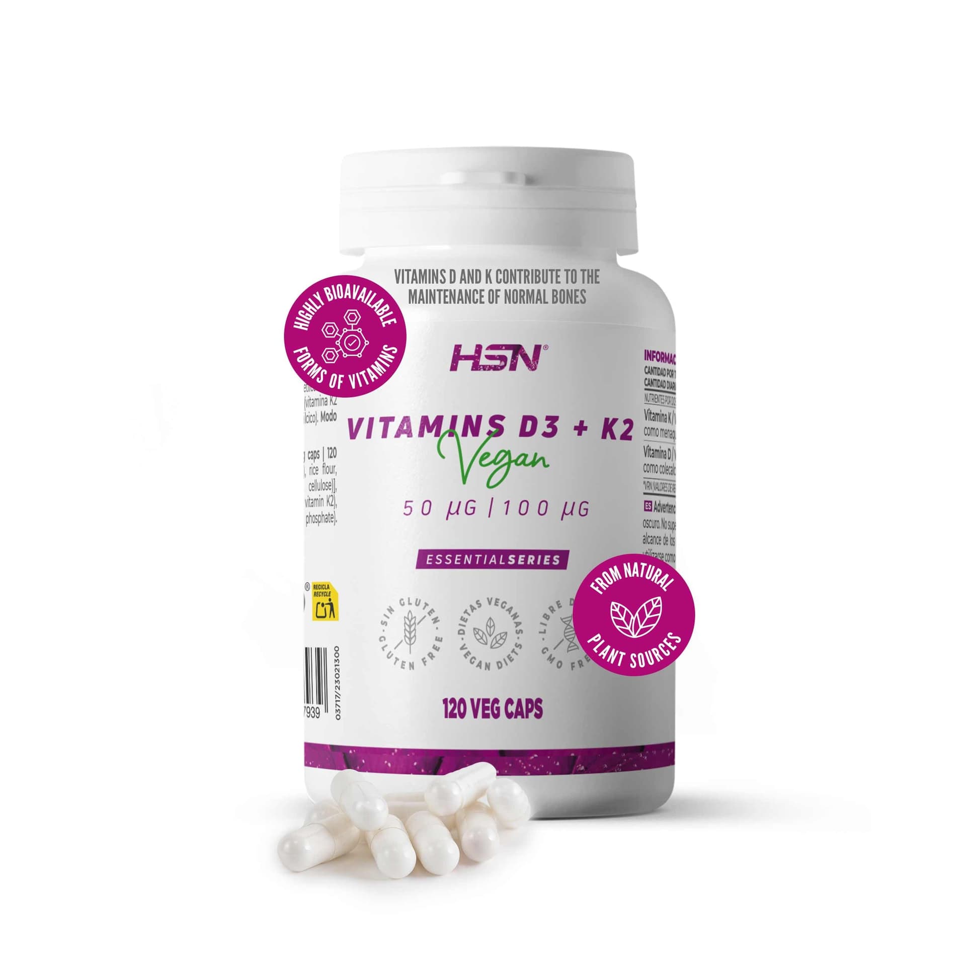 HSN Vitamina D3 + K2 Vegana (2000UI + 100mcg) | 120 cápsulas