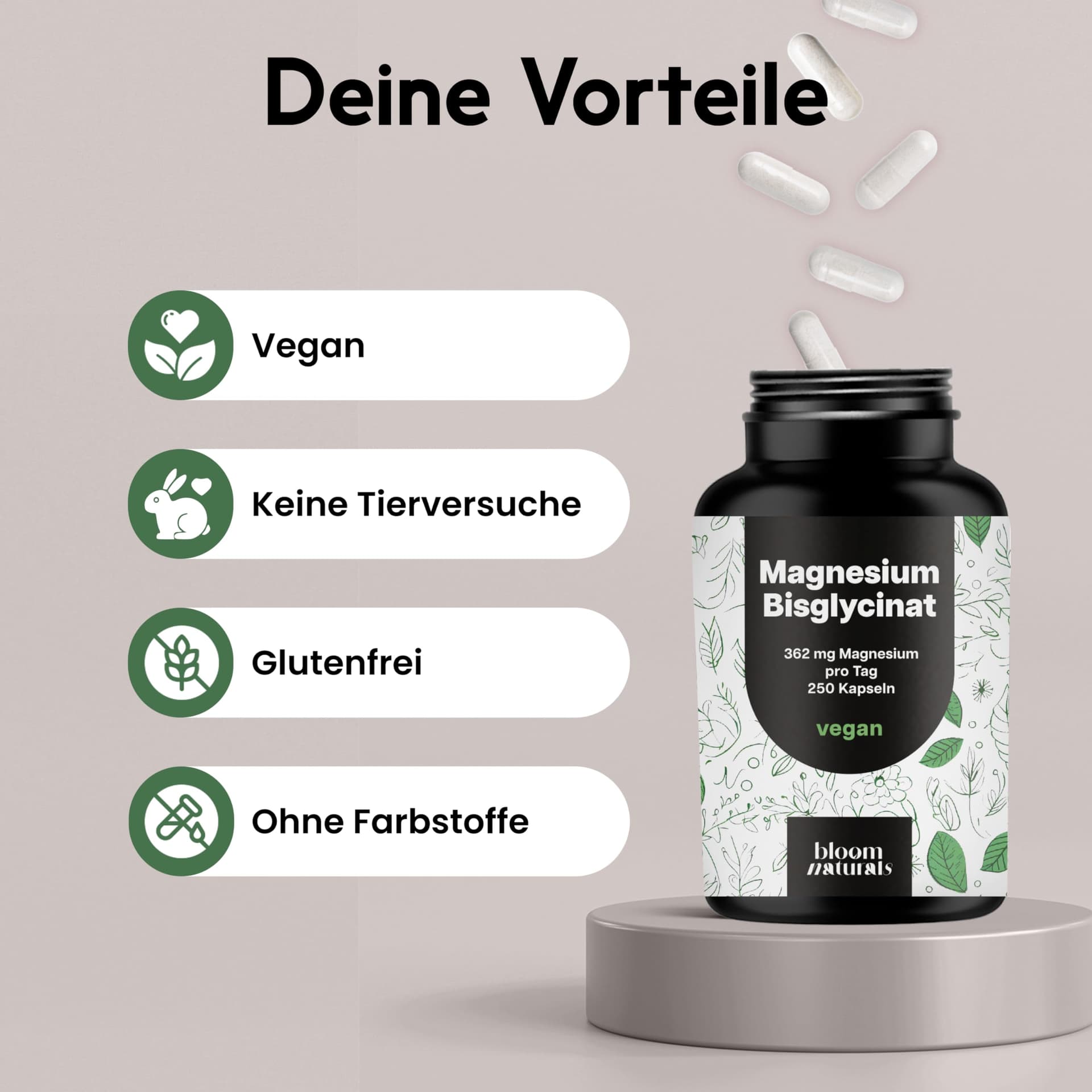 Bloom Naturals Beauty Supplements Magnesium Bisglycinat Hochdosiert - 250 Kapseln – Bild 4