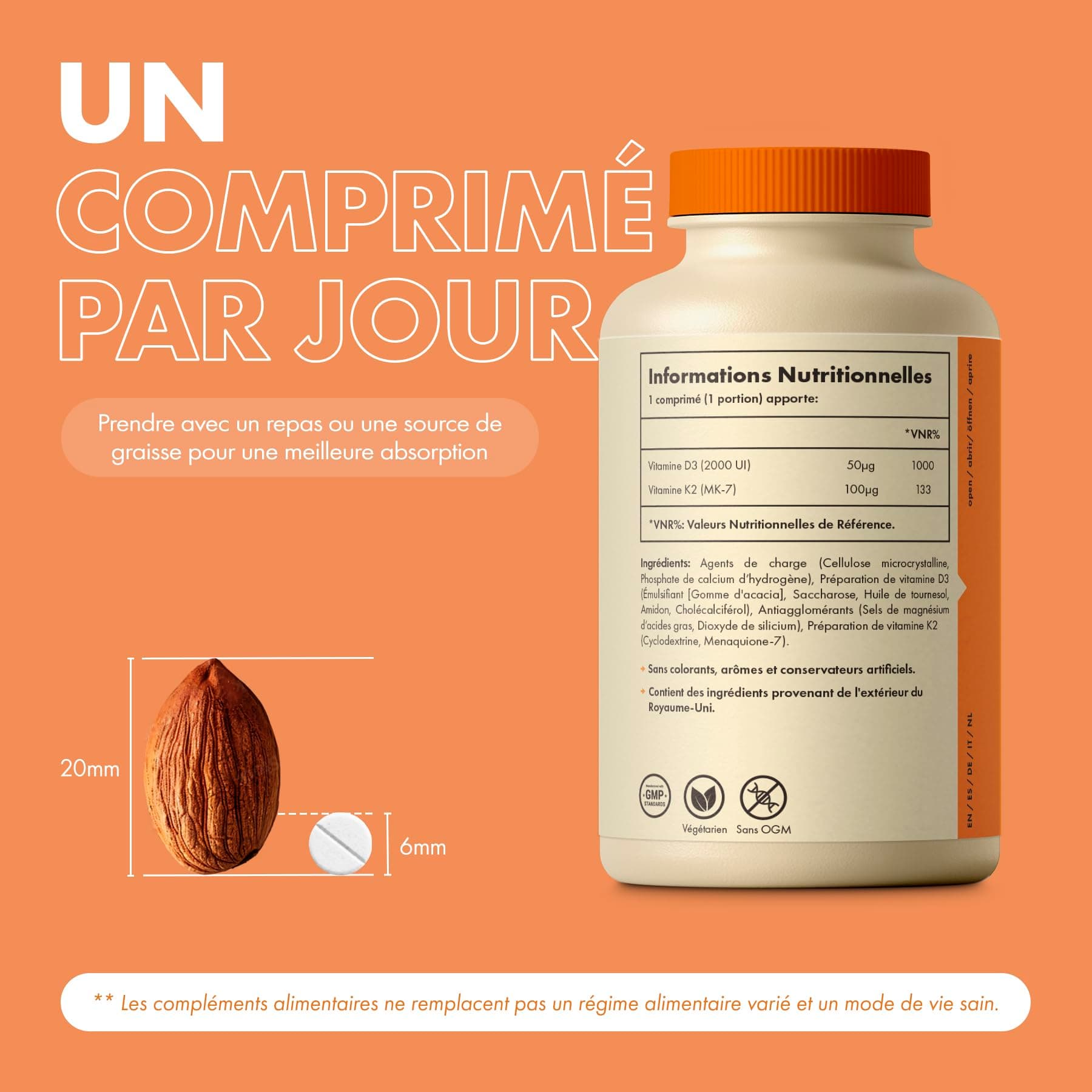 Incite Nutrition Vitamine D3 2000 UI + K2 (MK7) 100 µg – 180 Comprimés – Bild 7