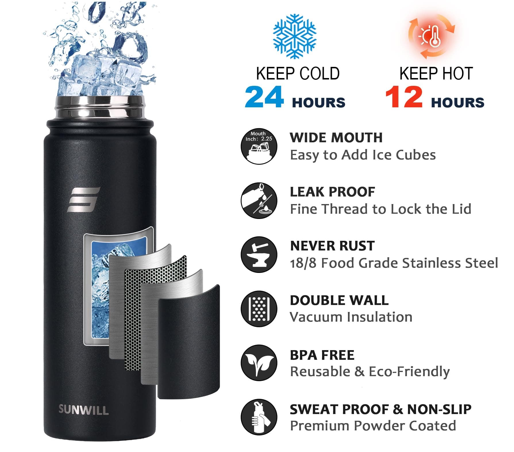 SUNWILL Metal Water Bottle with Straw Stainless Steel, 650ml – Bild 3