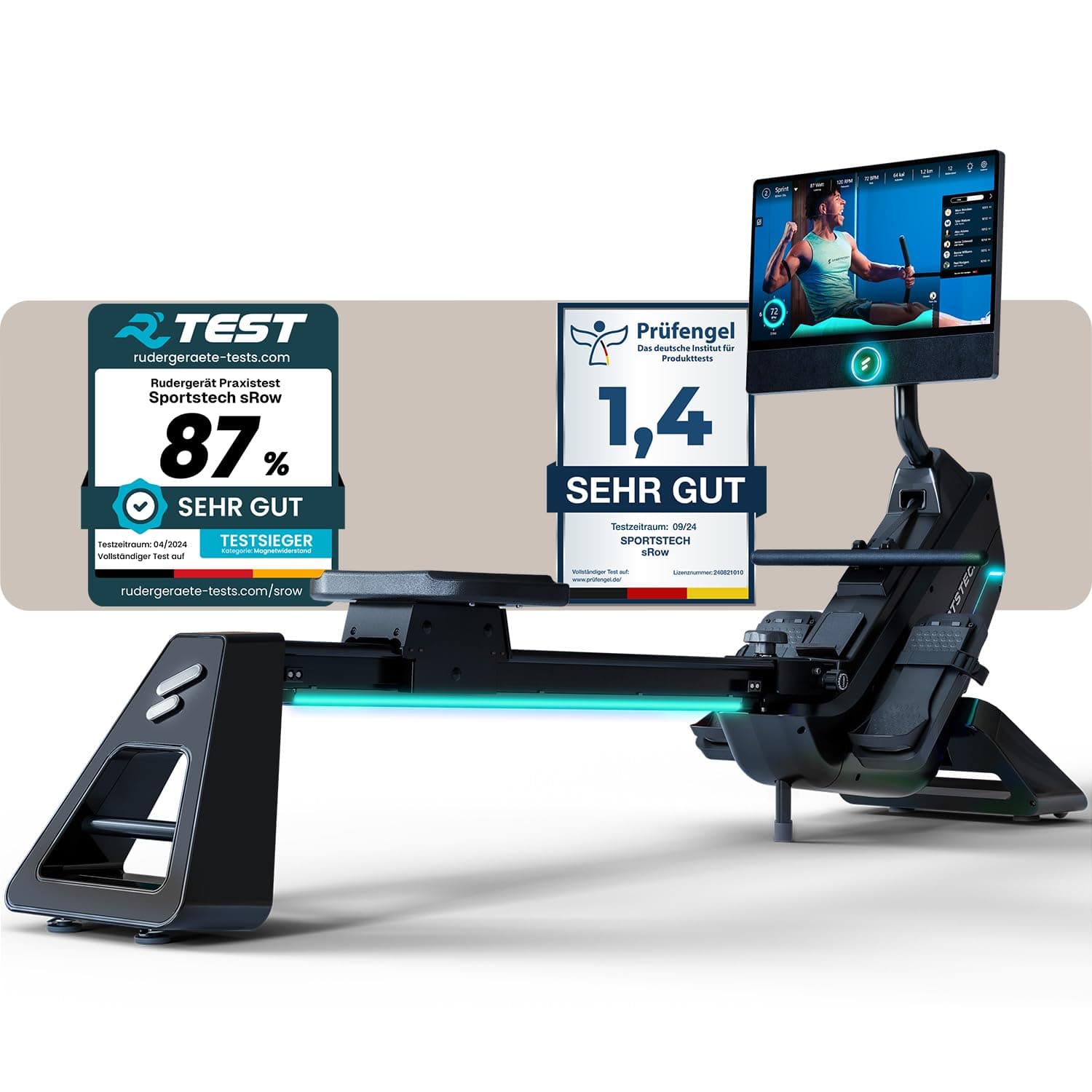 Sportstech Premium Rudergerät für zuhause + 21.5" Touch