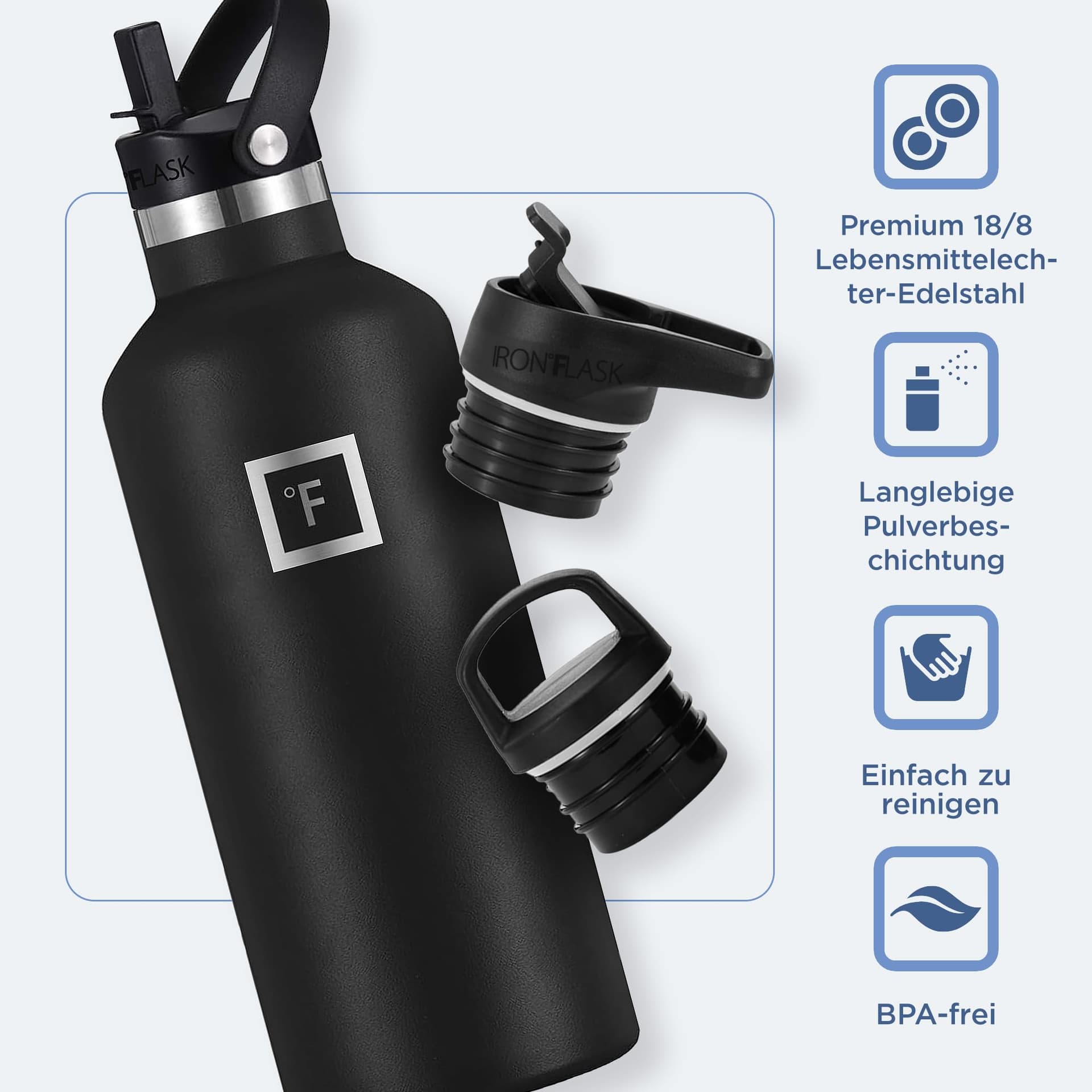 IRON °FLASK Edelstahl Trinkflasche mit 3 Deckel – Bild 5