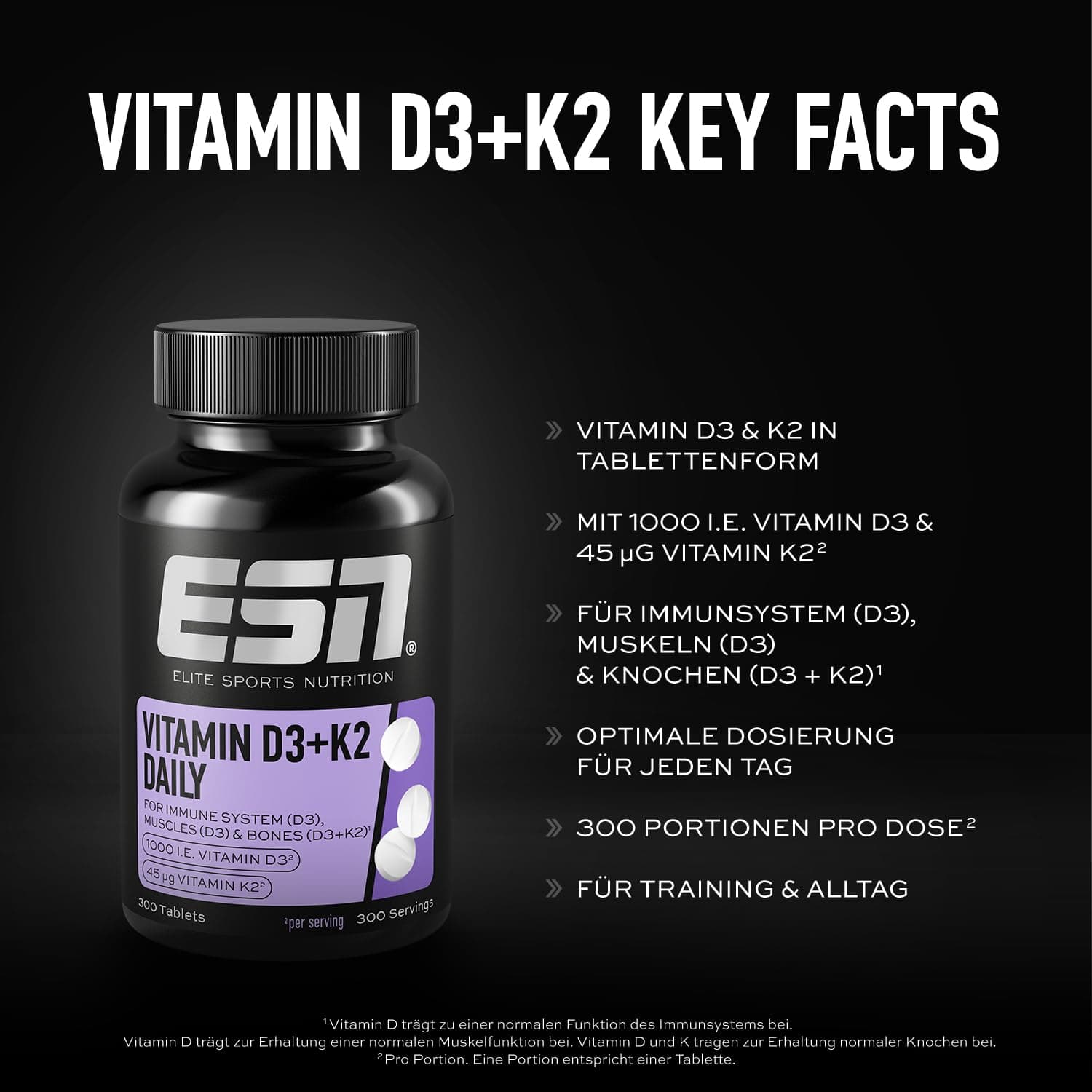 ESN Vitamin D3 + K2 Daily, 300 Tabletten – Bild 3