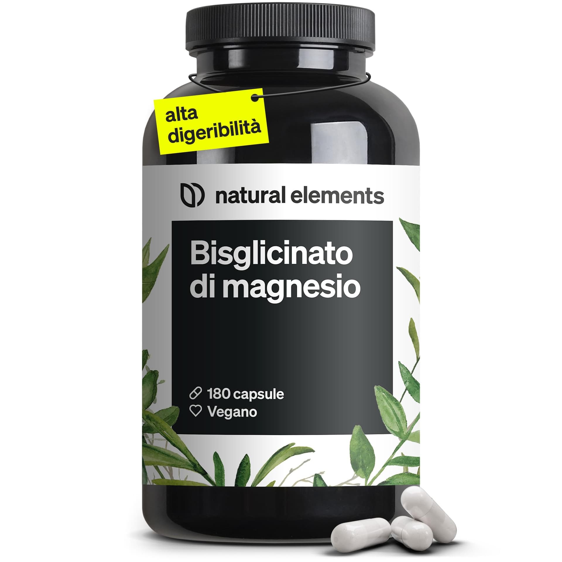 Natural Elements Magnésium Bisglycinate – 300 mg de magnésium élémentaire/dose journalière – 180 g