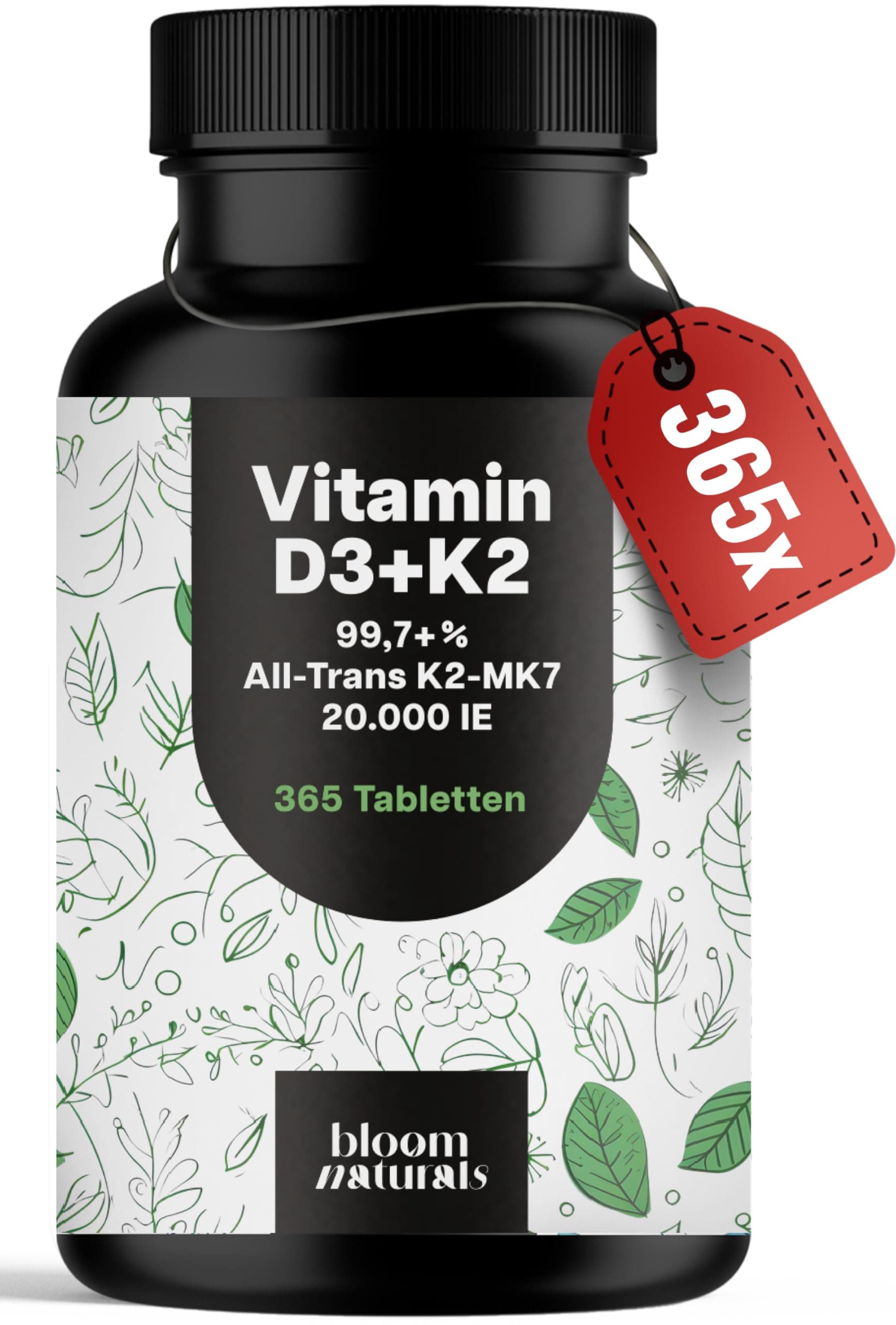 Bloom Naturals Beauty Supplements Vitamin D3 K2 hochdosiert – 365 Tabletten