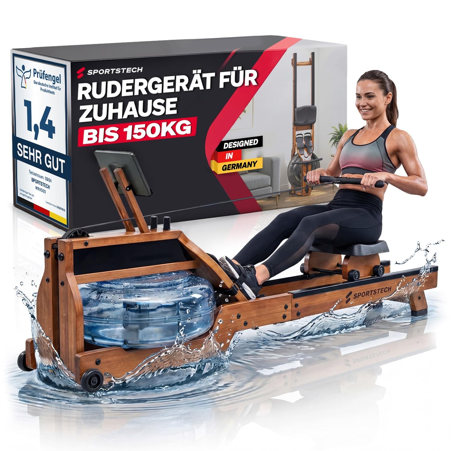 Sportstech Rudergerät für Zuhause mit Wasser- oder Magnetwiderstand, bis 150 kg