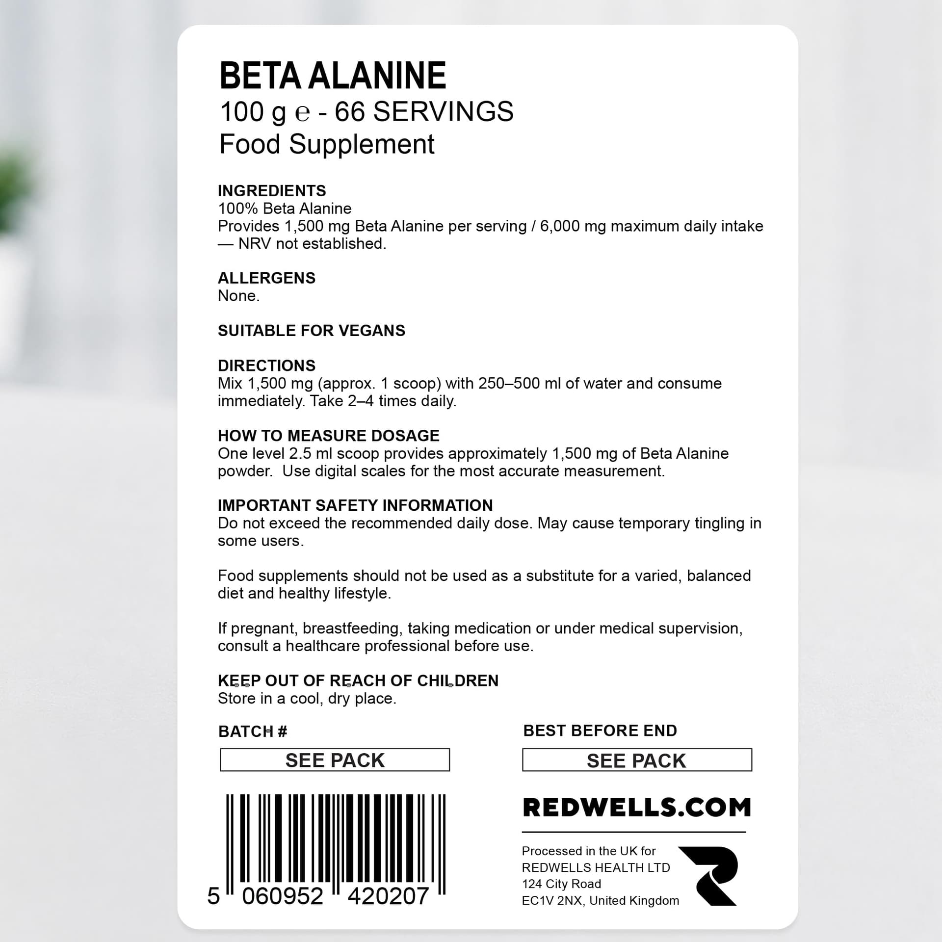 REDWELLS Beta Alanine Powder REDWELLS Premium Quality No Additives Amino Acid - 100g – Bild 7