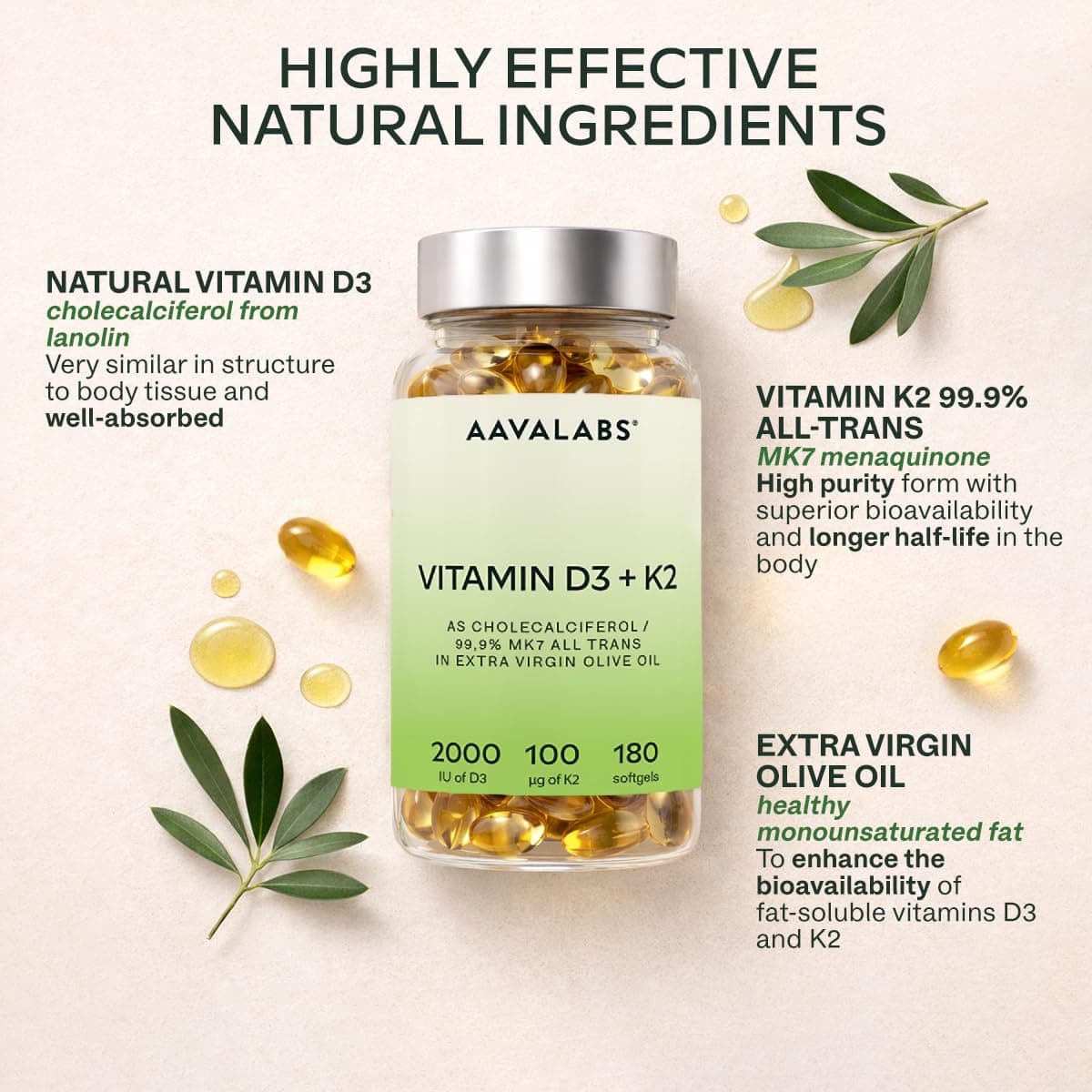 AAVALABS Vitamin D3 K2 MK7 (99.9% All-Trans) with Extra Virgin Olive – Bild 4