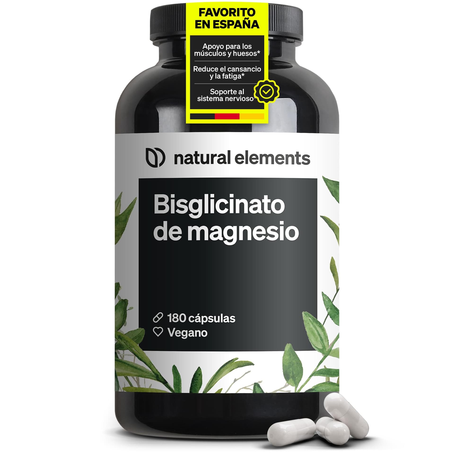 Natural Elements Magnésium Bisglycinate – 300 mg de magnésium élémentaire/dose journalière – 180 g