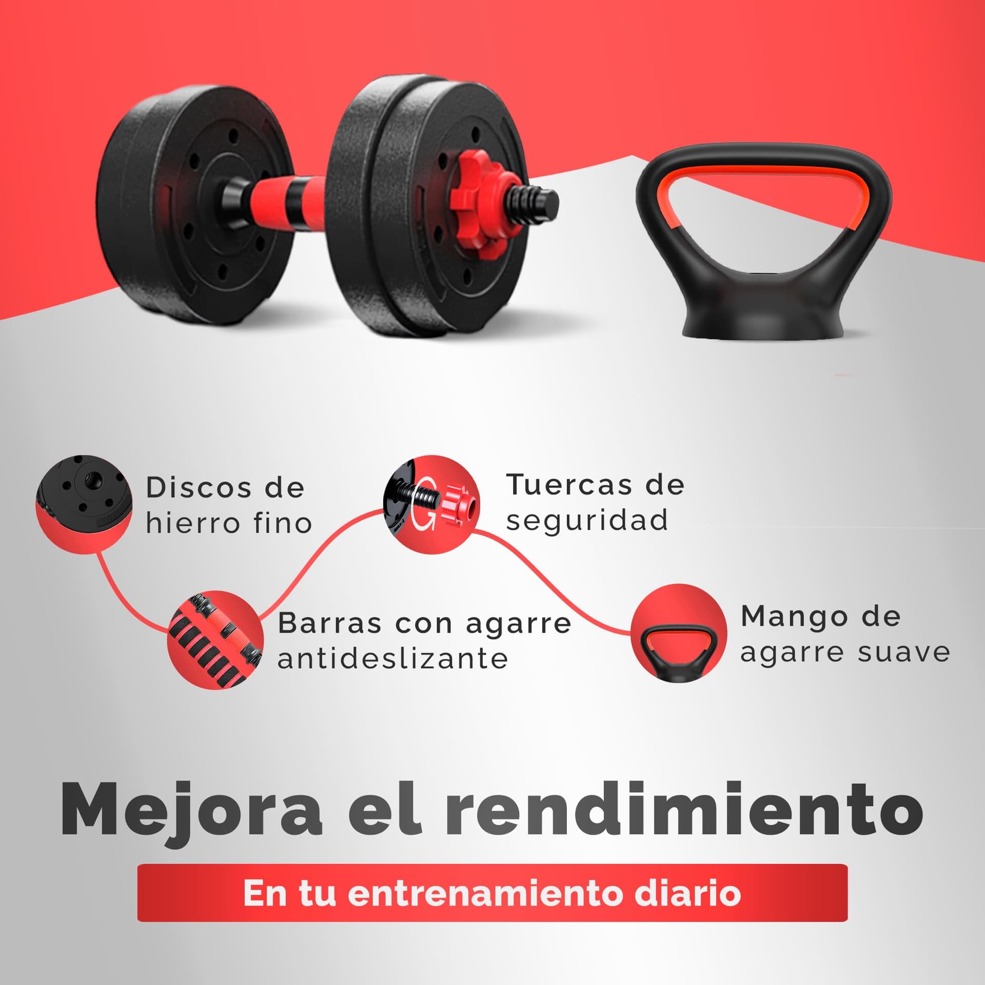 JUPPLIES Juego de Mancuernas Ajustables 4 en 1 + Kettlebell - 10kg – Bild 3