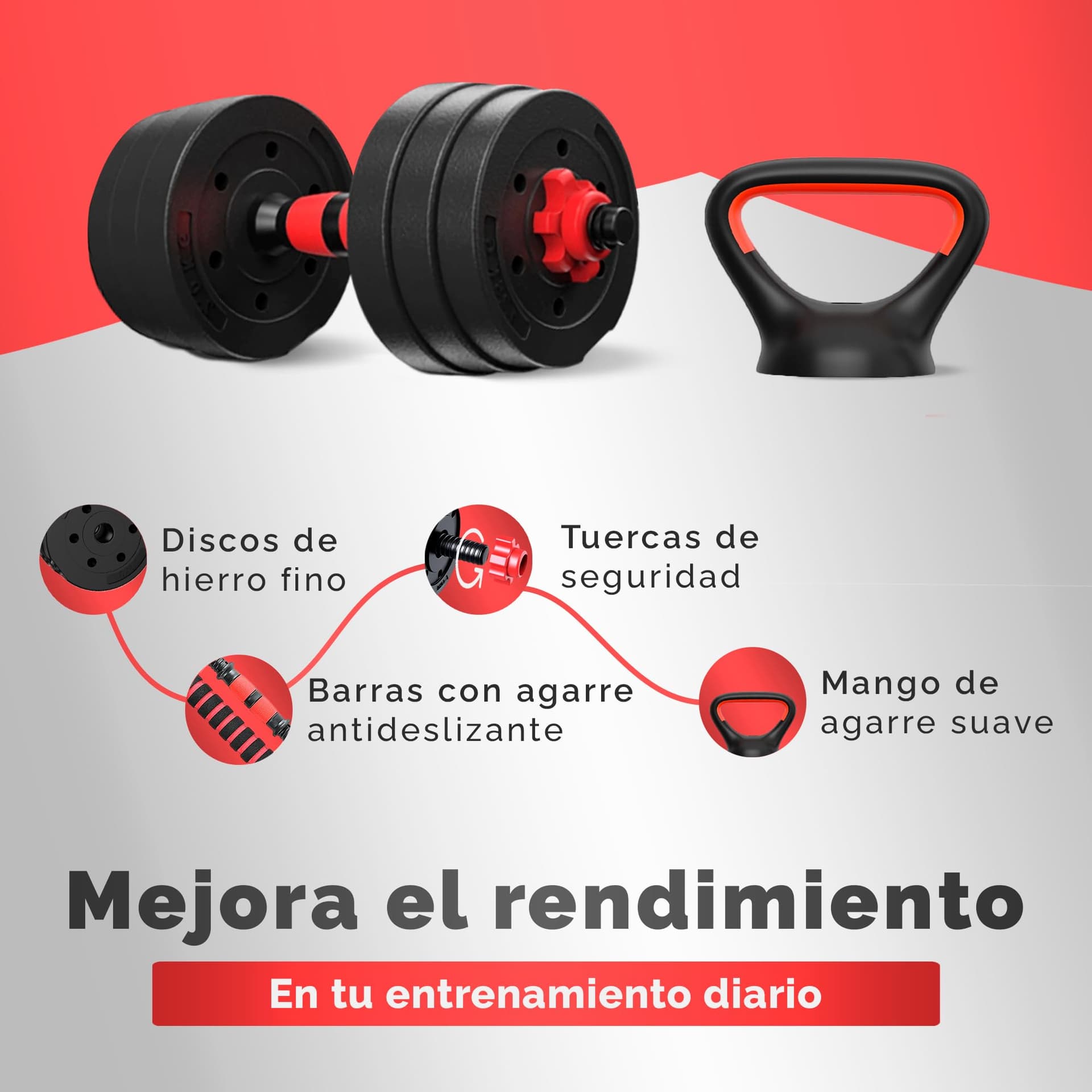 JUPPLIES Juego de Mancuernas Ajustables 4 en 1 + Kettlebell - 10kg – Bild 3