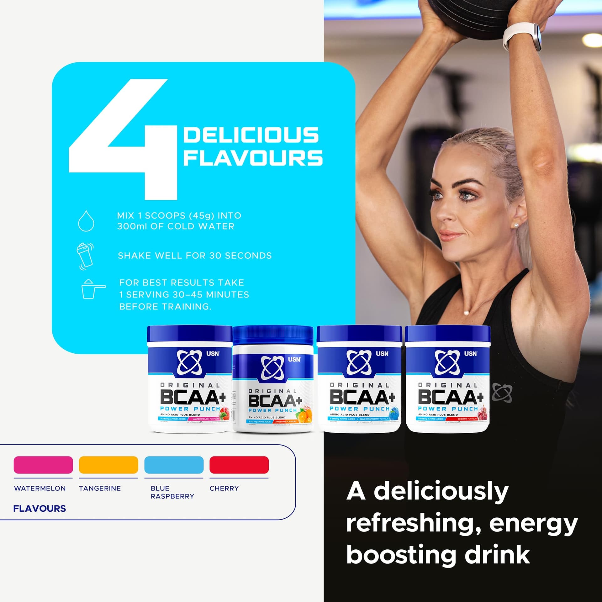 USN Power Punch BCAA Amino Acids Powder, Watermelon Flavour - 400g – Bild 5