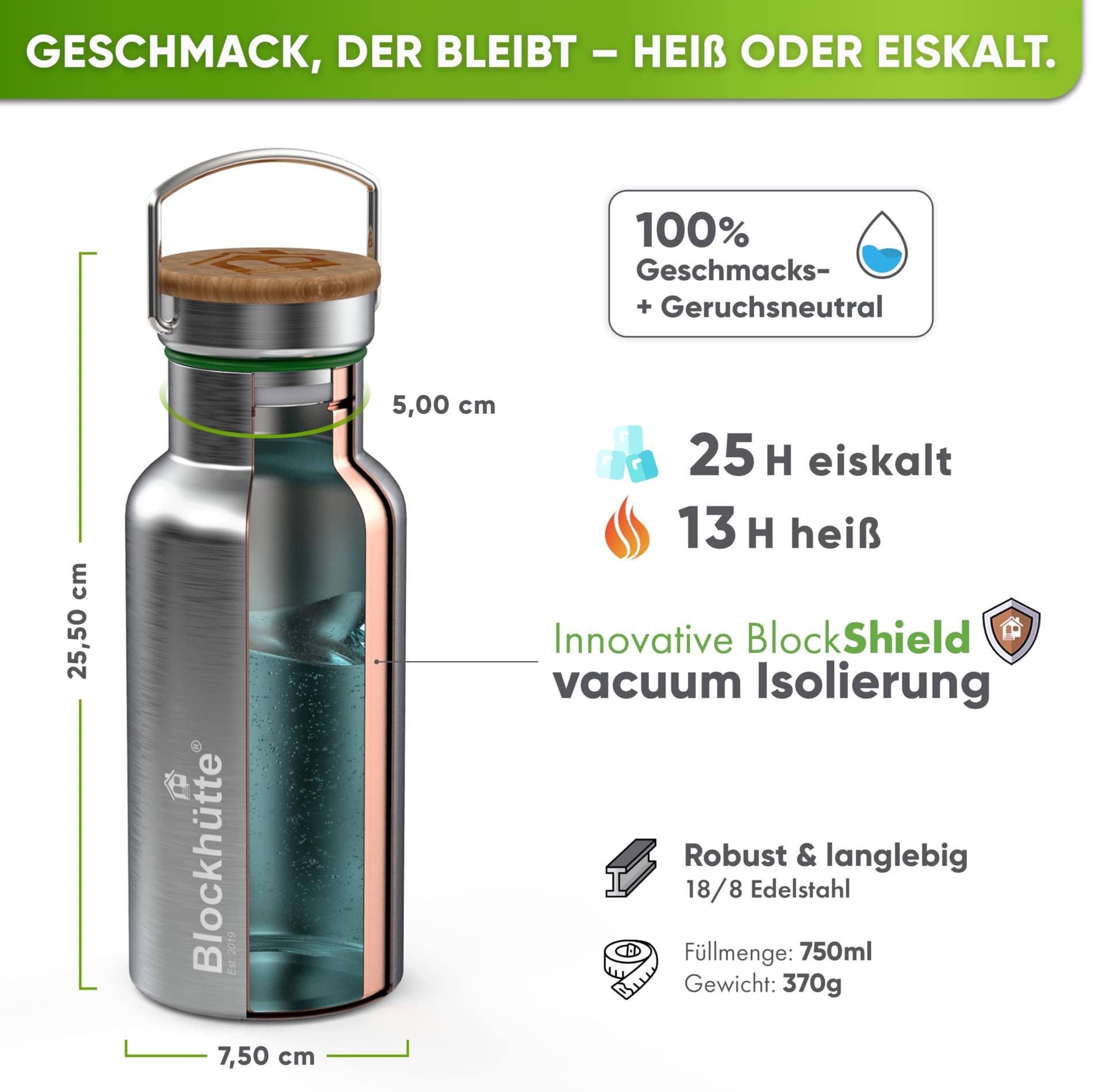 Blockhütte Premium Edelstahl Trinkflasche isoliert I 750ml – Bild 4