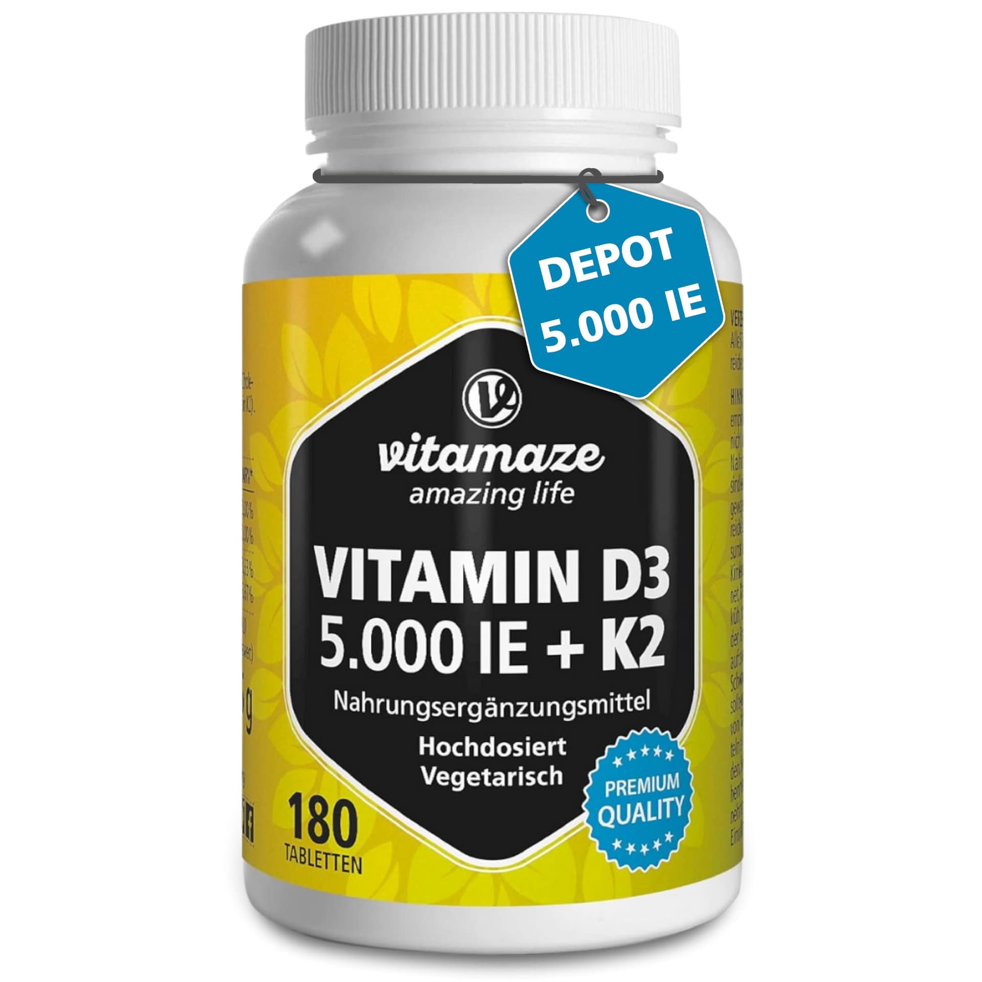 Vitamaze - amazing life Vitamin D3 K2 5000 IE mit Vitamin K2 MK7 All Trans Form, 2+ Jahre Vorrat, 180 Tabletten