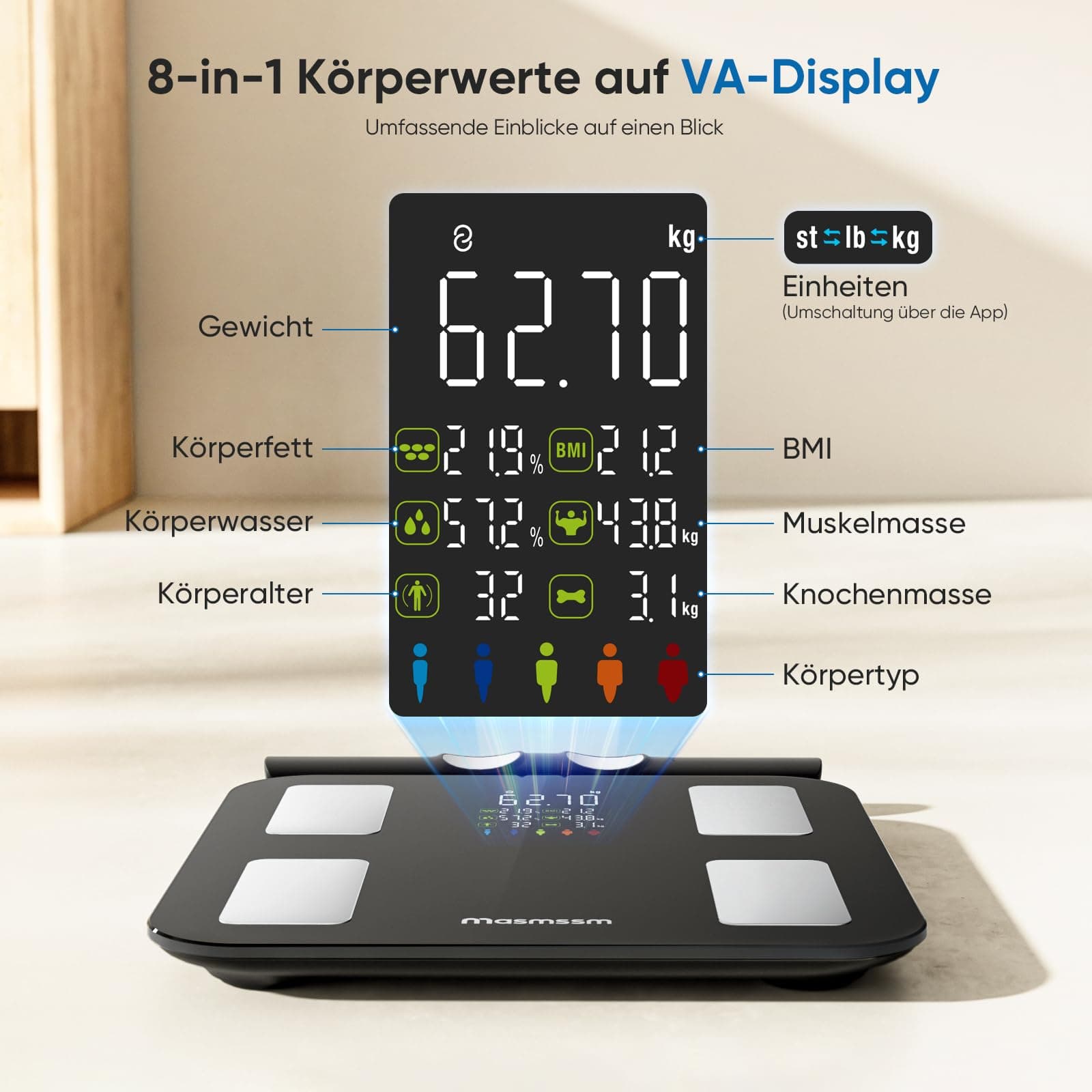 masmssm Personenwaage Körperfettwaage Smart Waage Personen Digitale – Bild 2