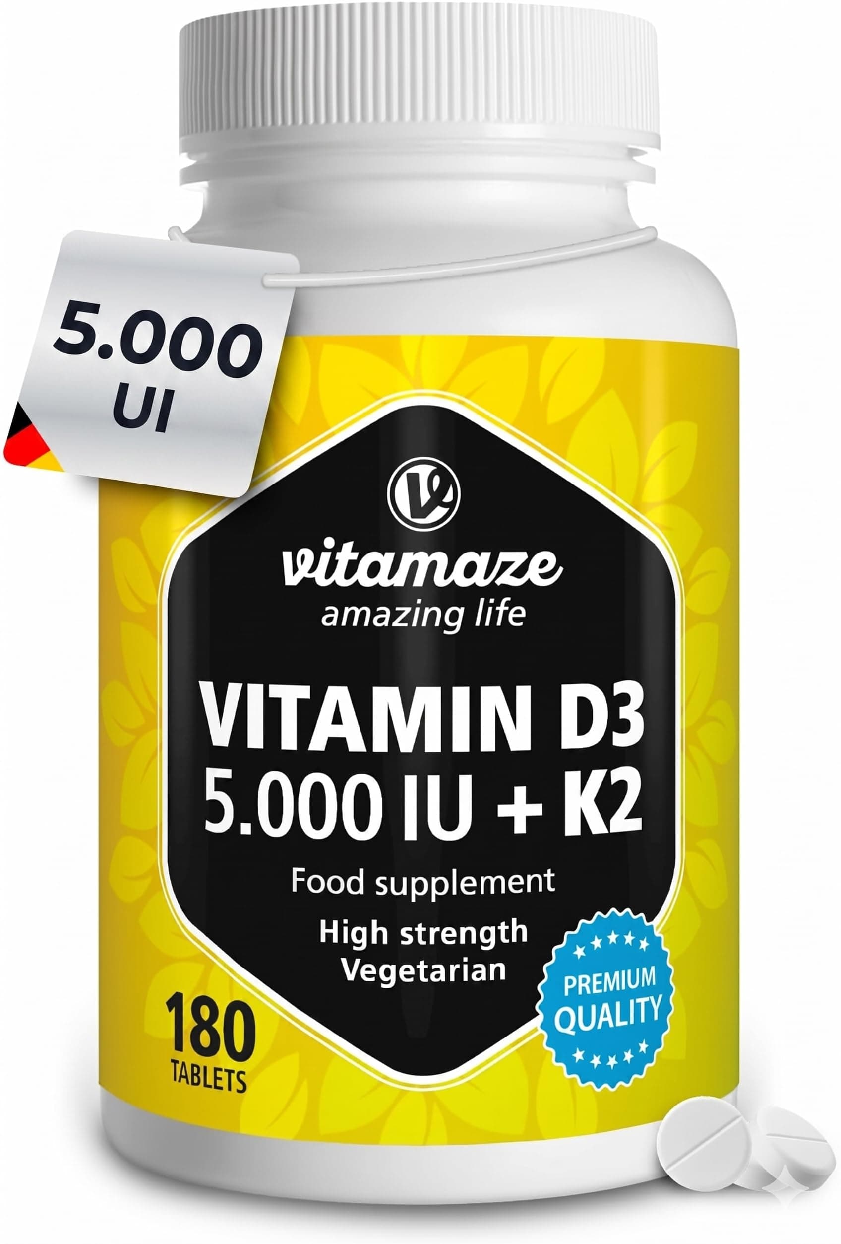 Vitamaze - amazing life Vitamin D3 K2 5000 IE mit Vitamin K2 MK7 All Trans Form, 2+ Jahre Vorrat, 180 Tabletten