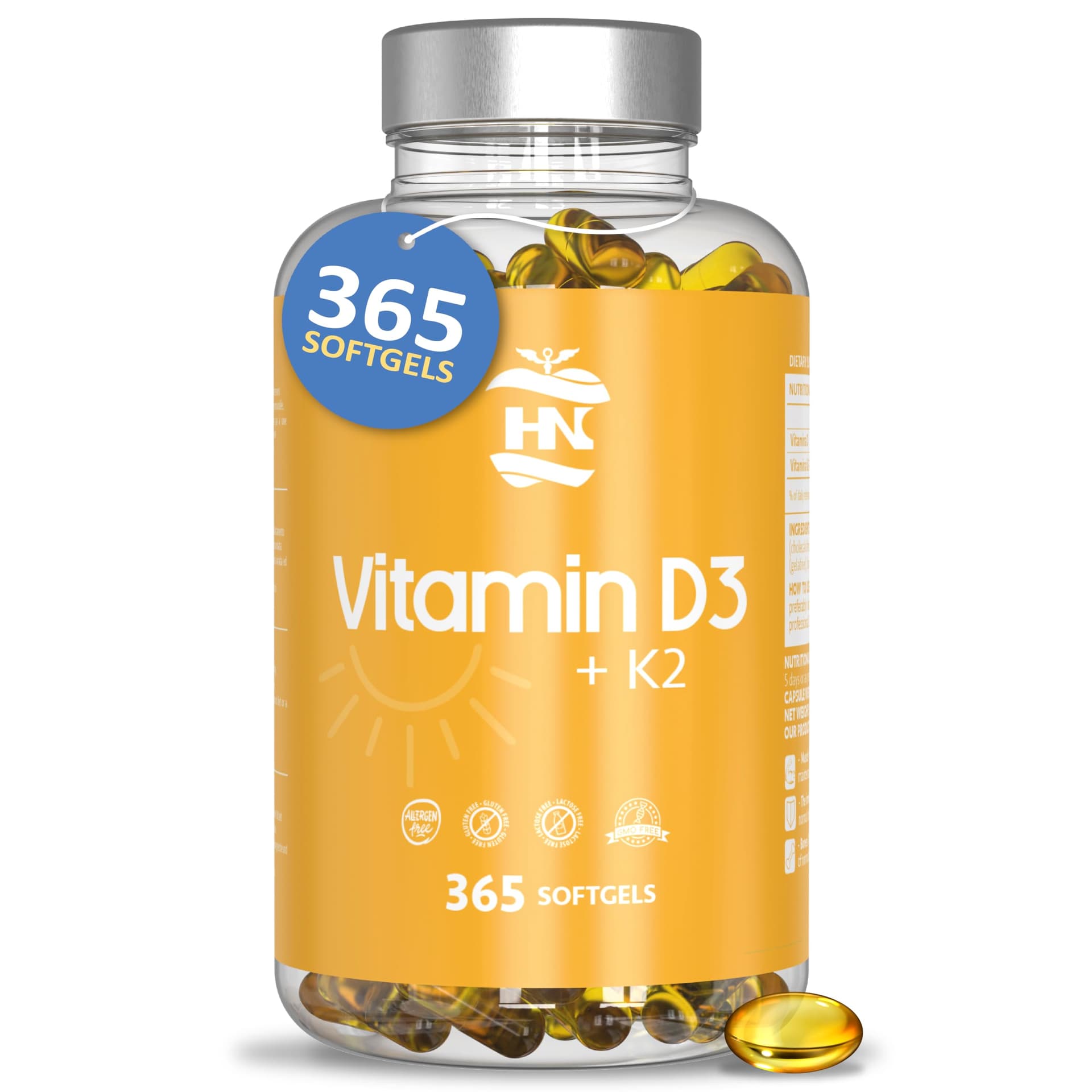 HN - Healthy Nutrition Vitamine D 5000 UI Vitamine D3 K2. 365 Capsules