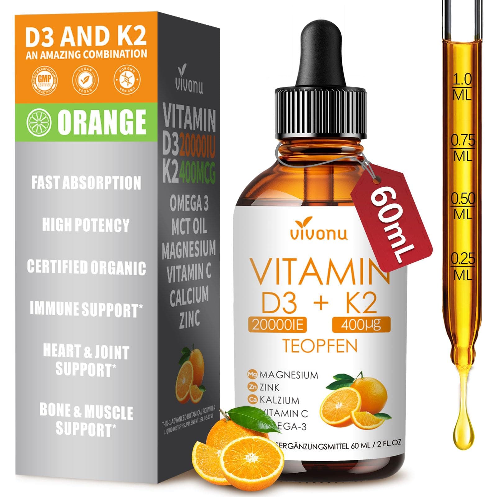 VivoNu Vitamine D3 K2 20000 UI avec MK7-300 en Huile de coco vierge