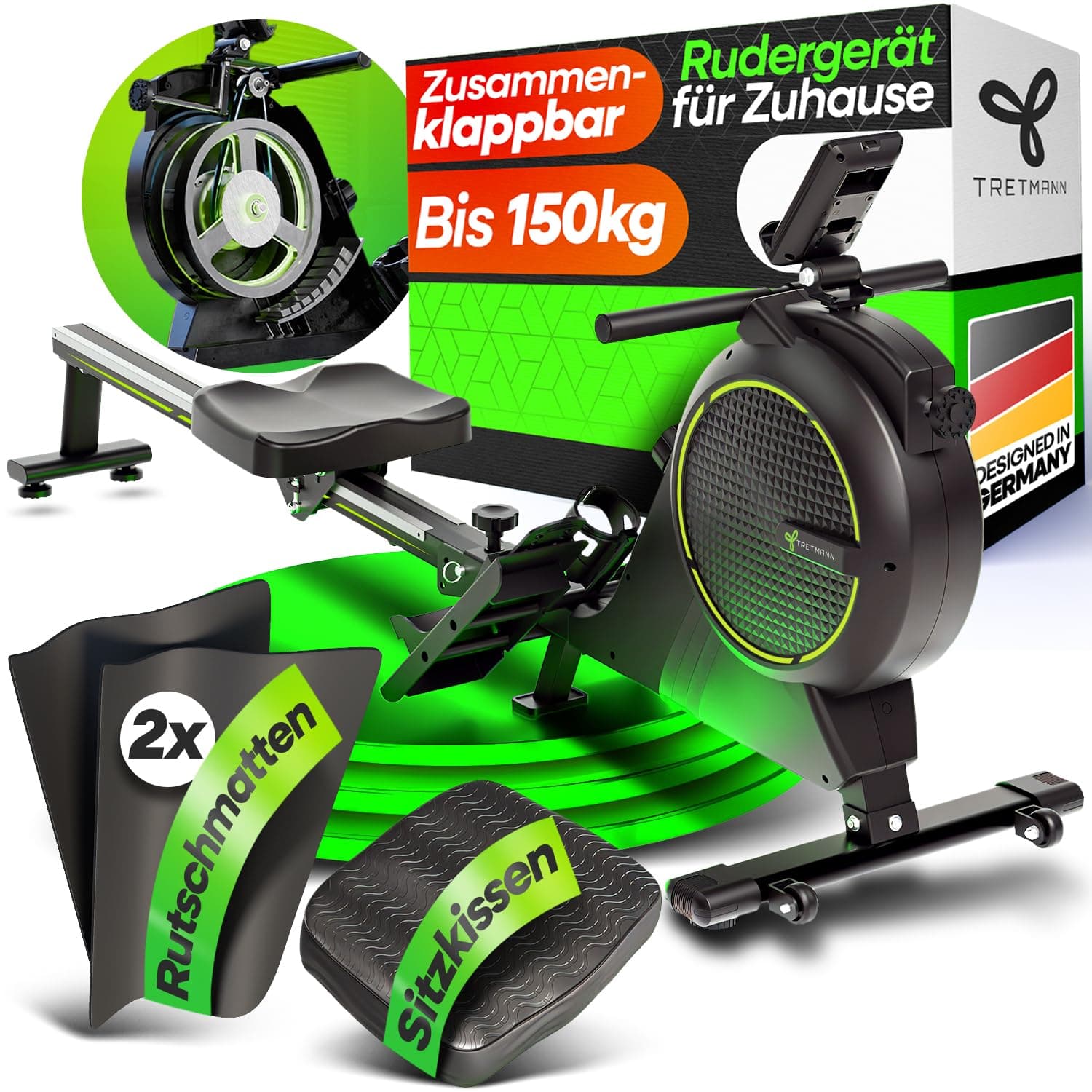 TRETMANN NEU Tretmann Rudergerät für Zuhause Set - extra leise- [Wirbelstrombremse2.0] bis 150KG