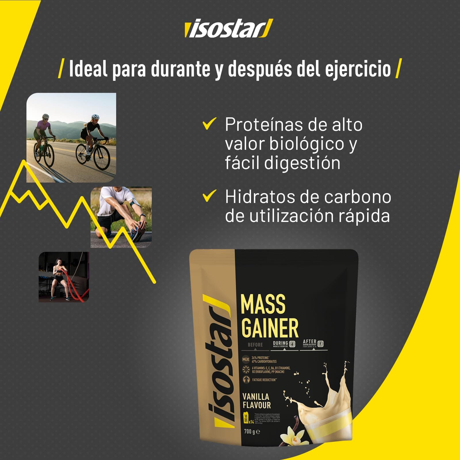 Isostar Mass Gainer Poudre pour Boisson Hyperprotéinée, Vanille, 700 g – Bild 3