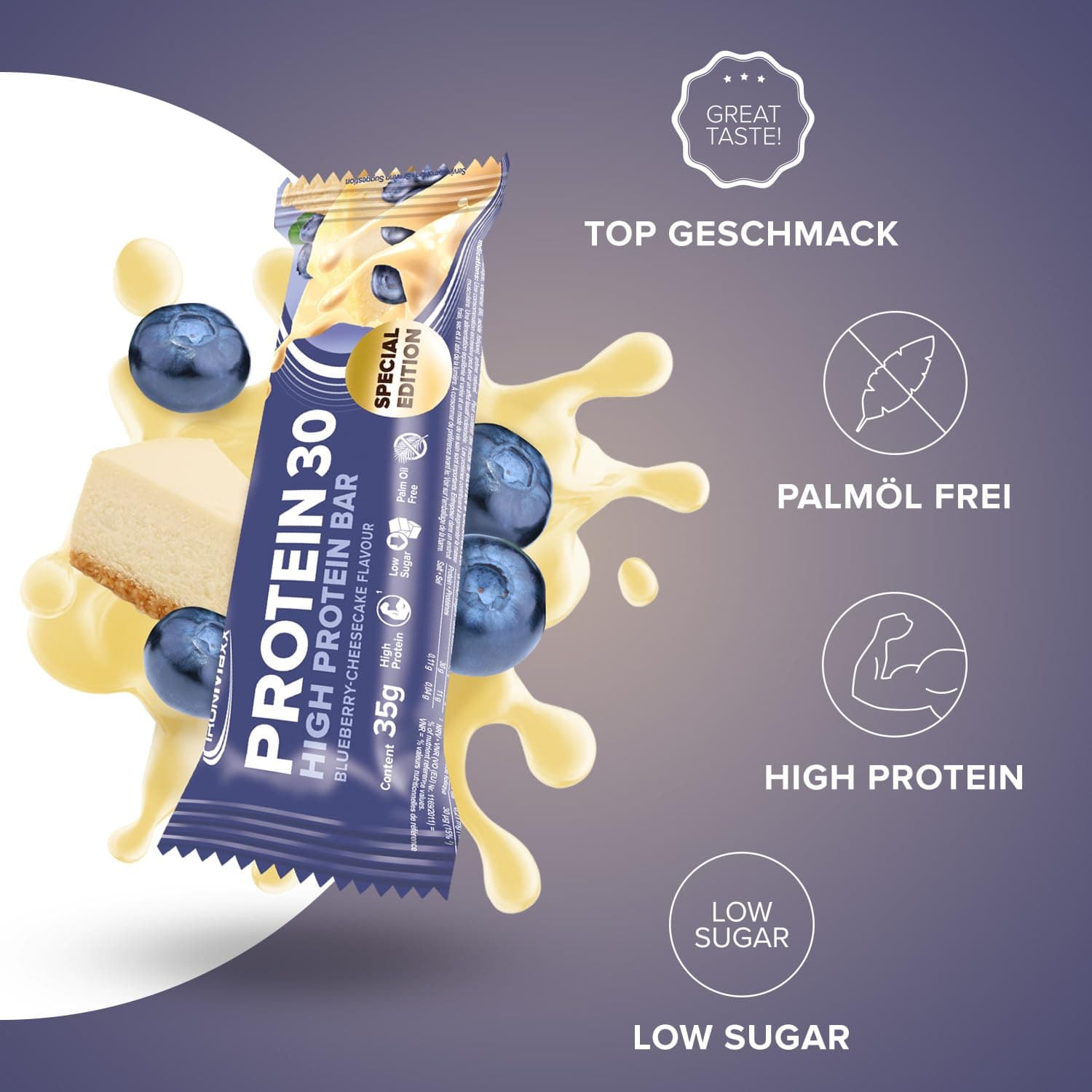 IronMaxx Protein 30 Eiweißriegel – Blueberry Cheesecake - 24x35g – Bild 2