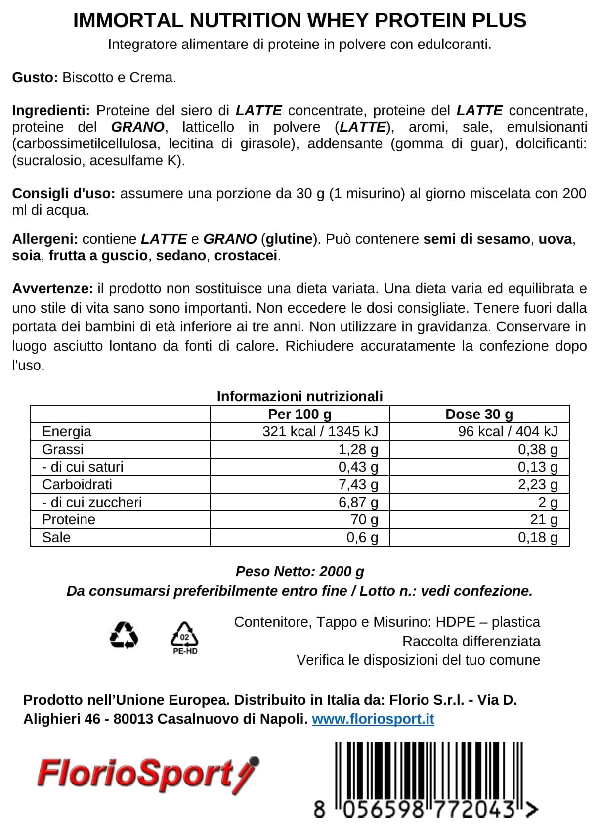 FlorioSport Proteine in Polvere Whey Protein Plus Immortal Nutrition – Bild 2