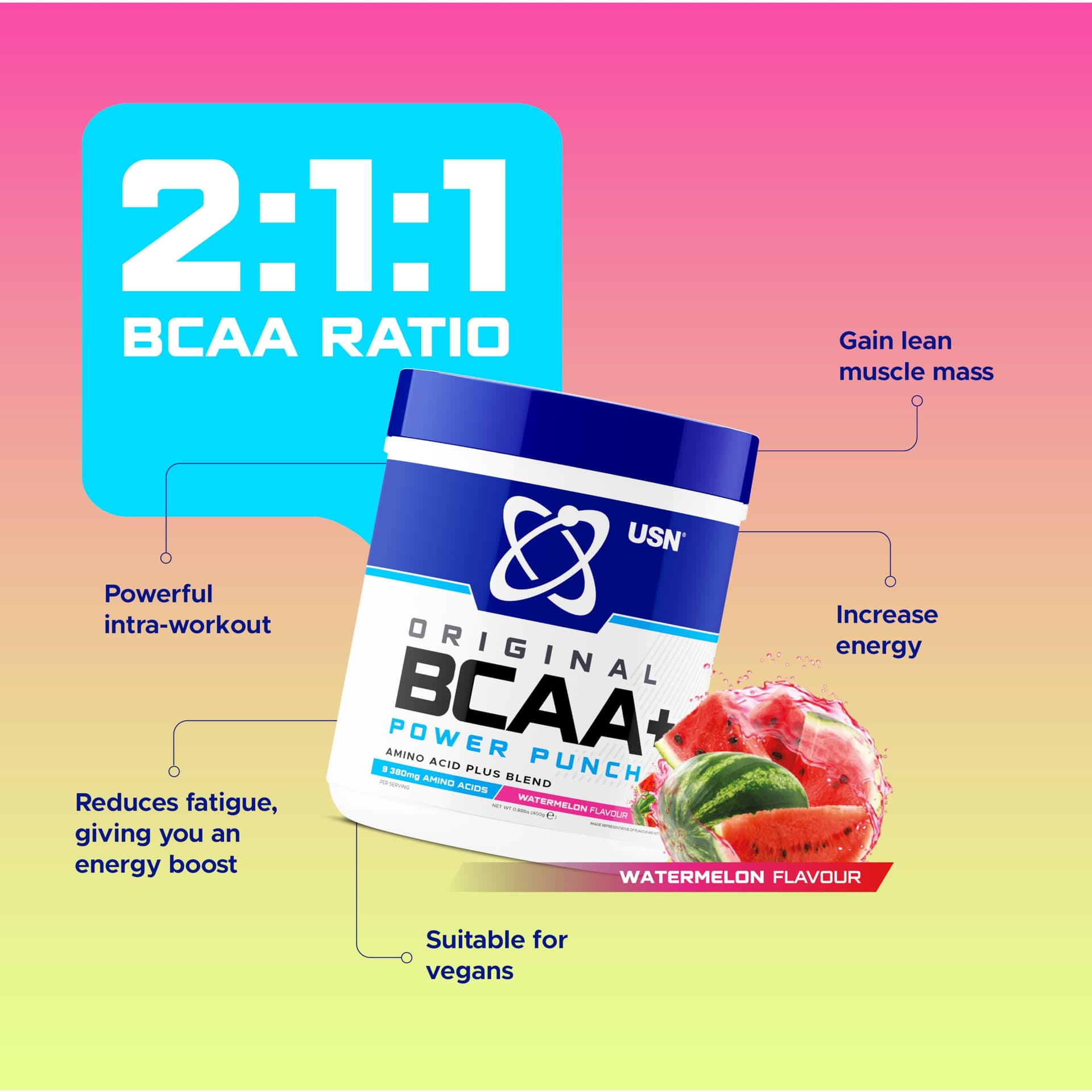 USN Power Punch BCAA Amino Acids Powder, Watermelon Flavour - 400g – Bild 3