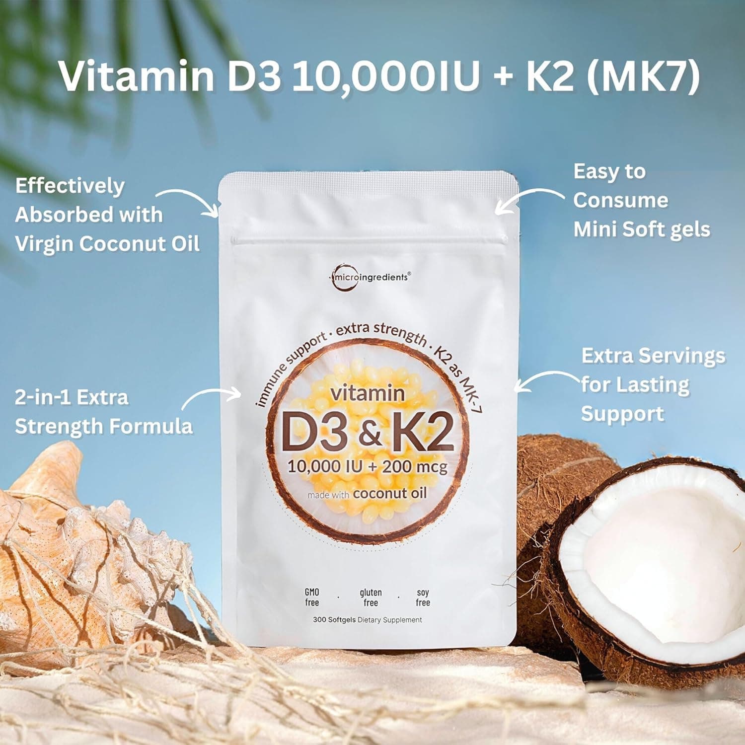 Micro Ingredients Vitamin D3 10,000 IU + K2 MK-7 200 mcg – Bild 2