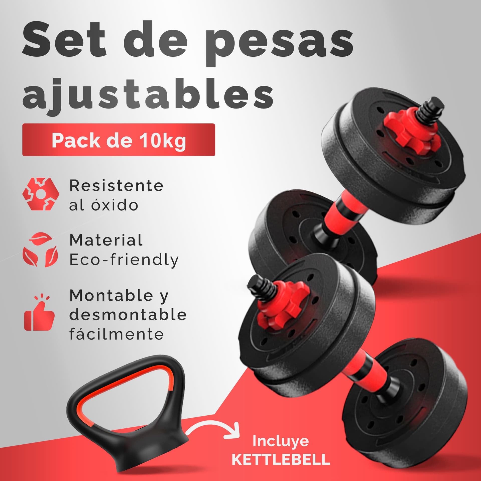 JUPPLIES Juego de Mancuernas Ajustables 4 en 1 + Kettlebell - 10kg – Bild 2