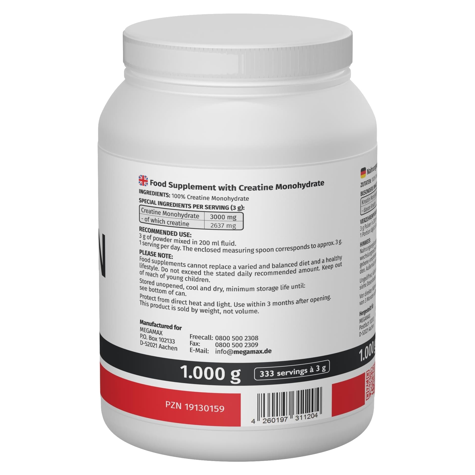 MEGAMAX Nutrition MEGAMAX Kreatin Pulver 1 kg – Bild 2