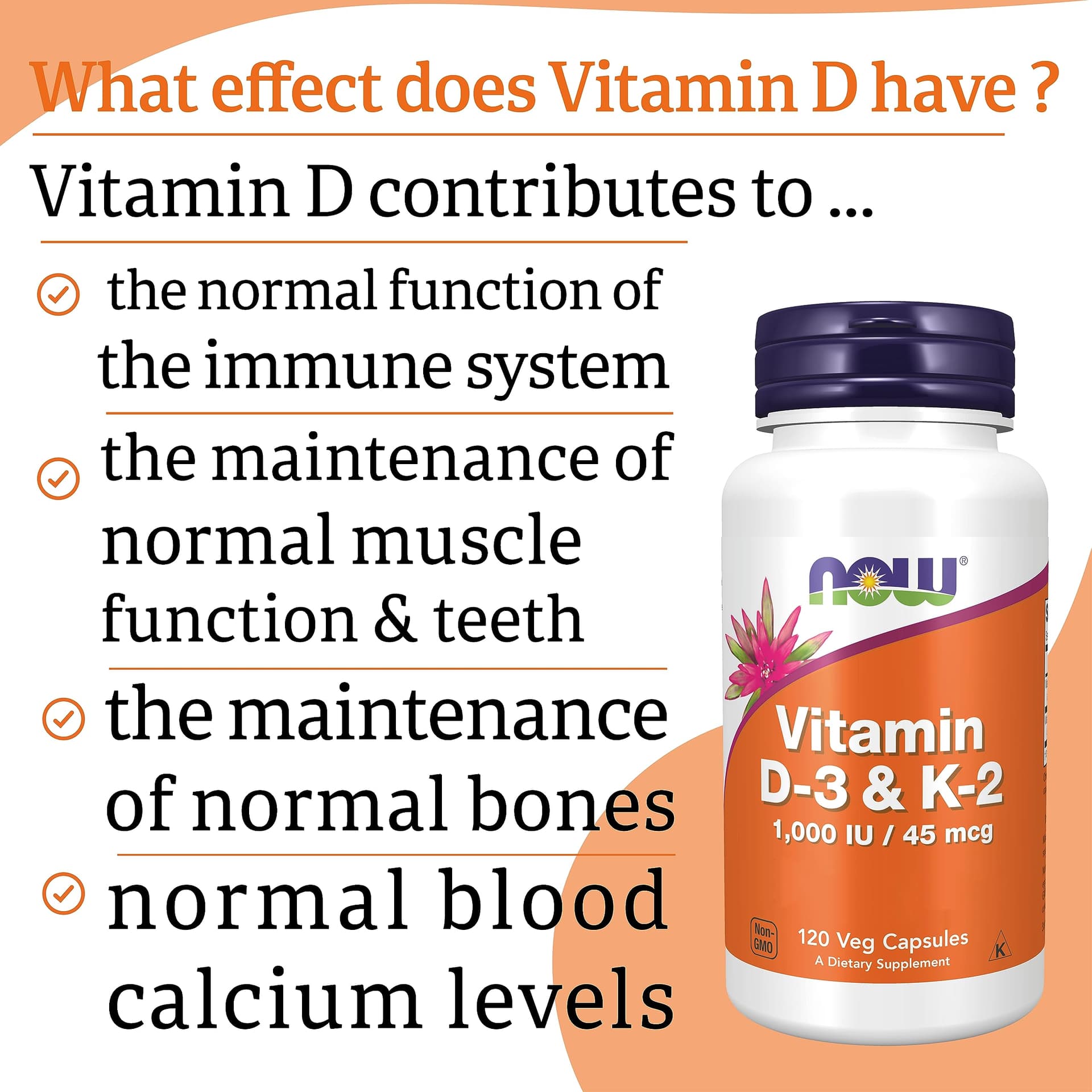 NOW Foods, Vitamin D3 & K2, 1,000IU, 120 Capsules – Bild 4