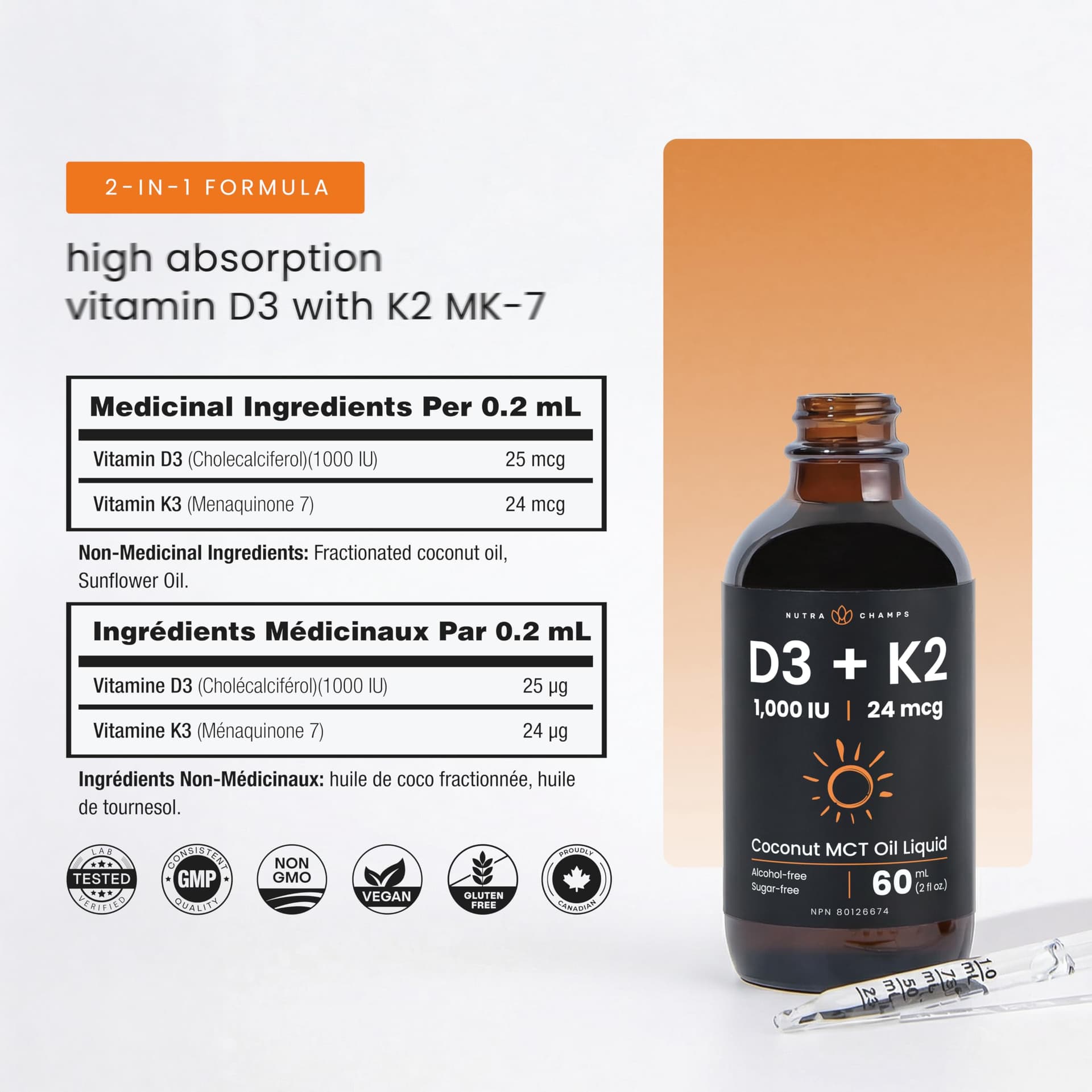 NutraChamps Vitamin D3 K2 Drops for Kids & Adults | 1000 IU D3 Per 0.2ml – Bild 3