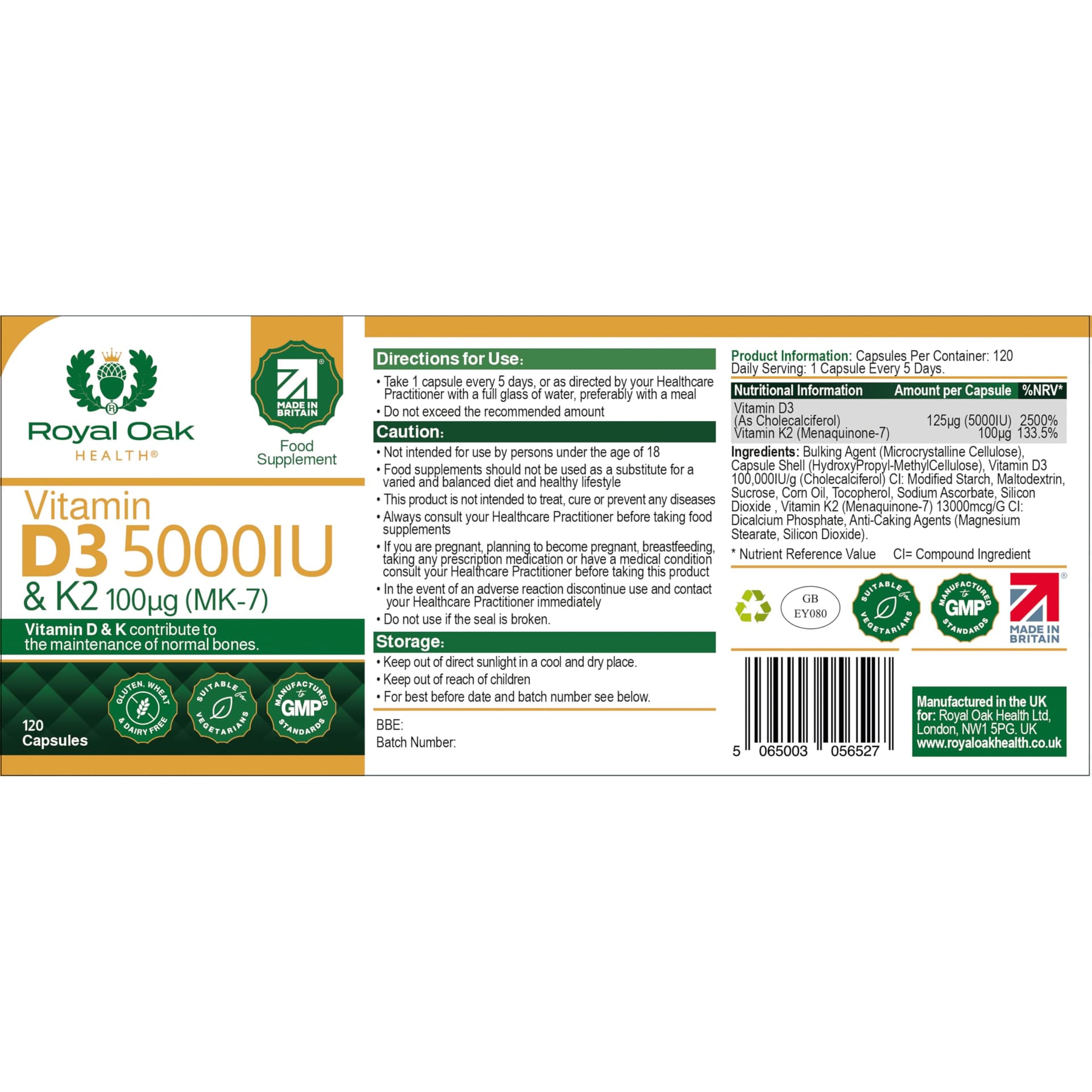 Royal Oak Health Vitamin D3 5000 IU & Vitamin K2 100mcg (MK-7) x120 Capsules – Bild 6