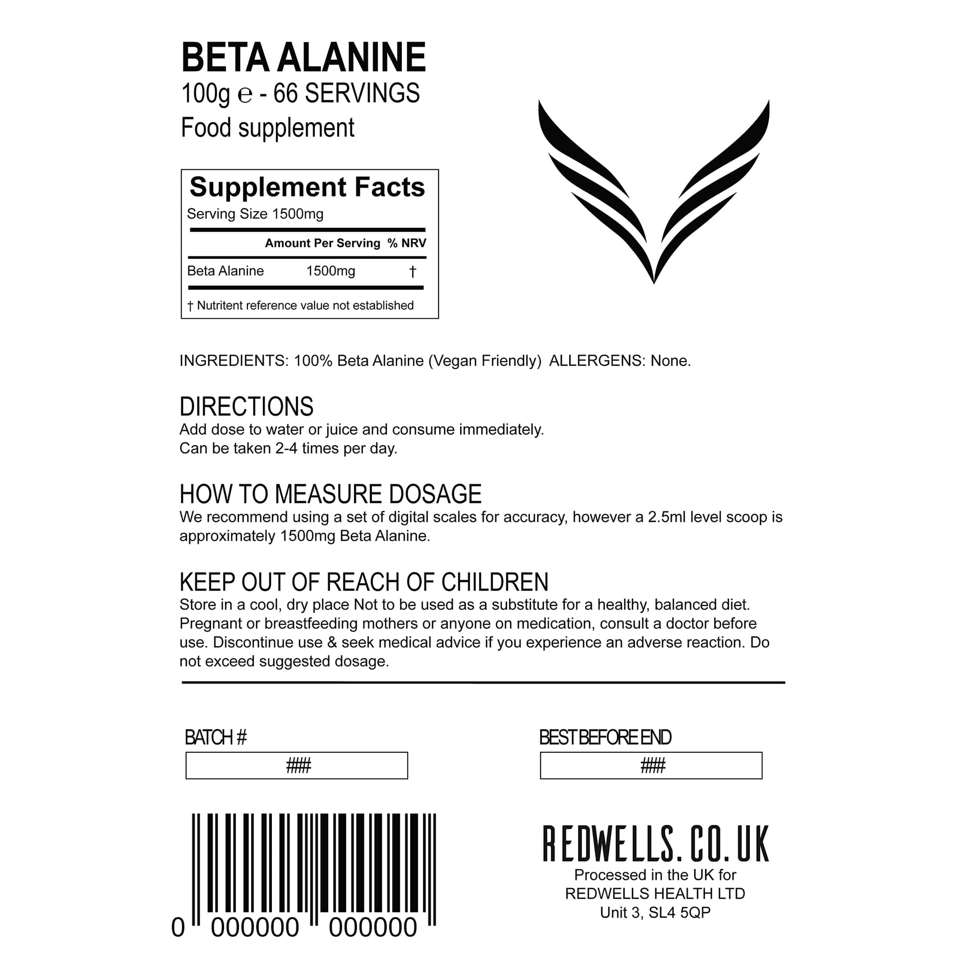REDWELLS Beta Alanine Powder REDWELLS Premium Quality No Additives Amino Acid - 100g – Bild 3