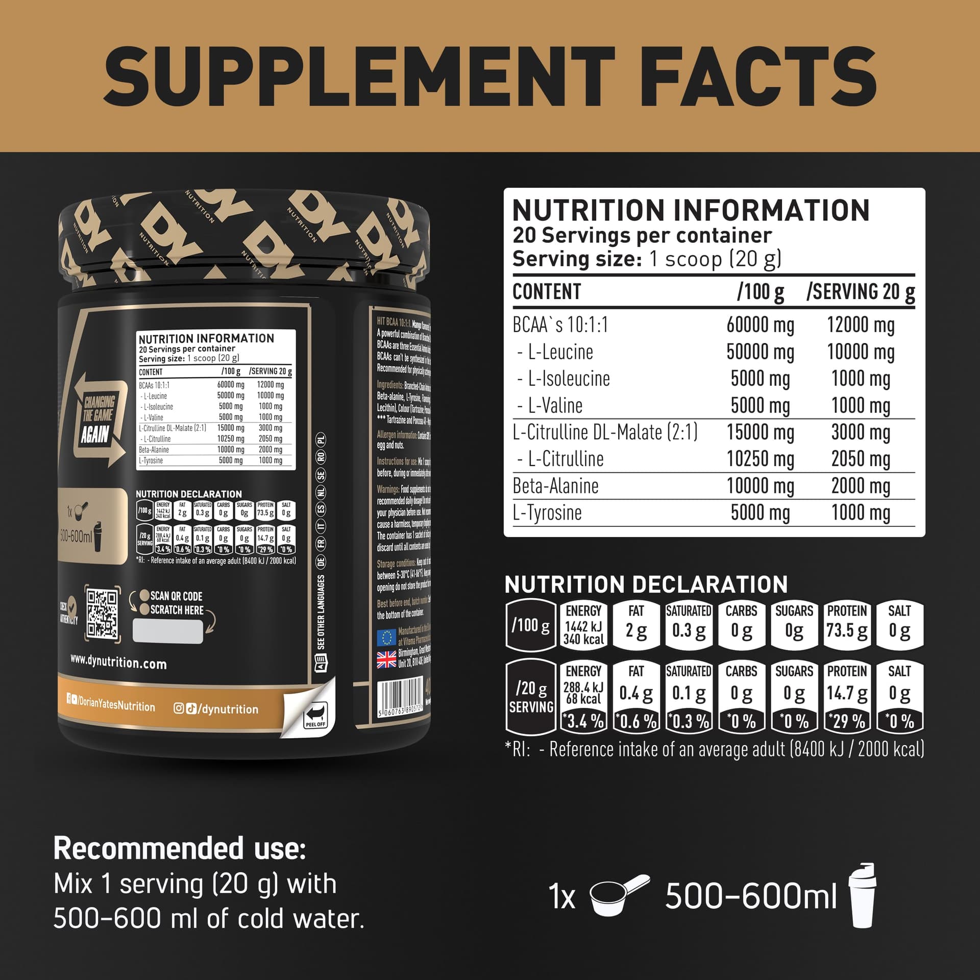 DY Nutrition Dorian Yates HIT BCAA 10:1:1, Orange - 400g – Bild 6