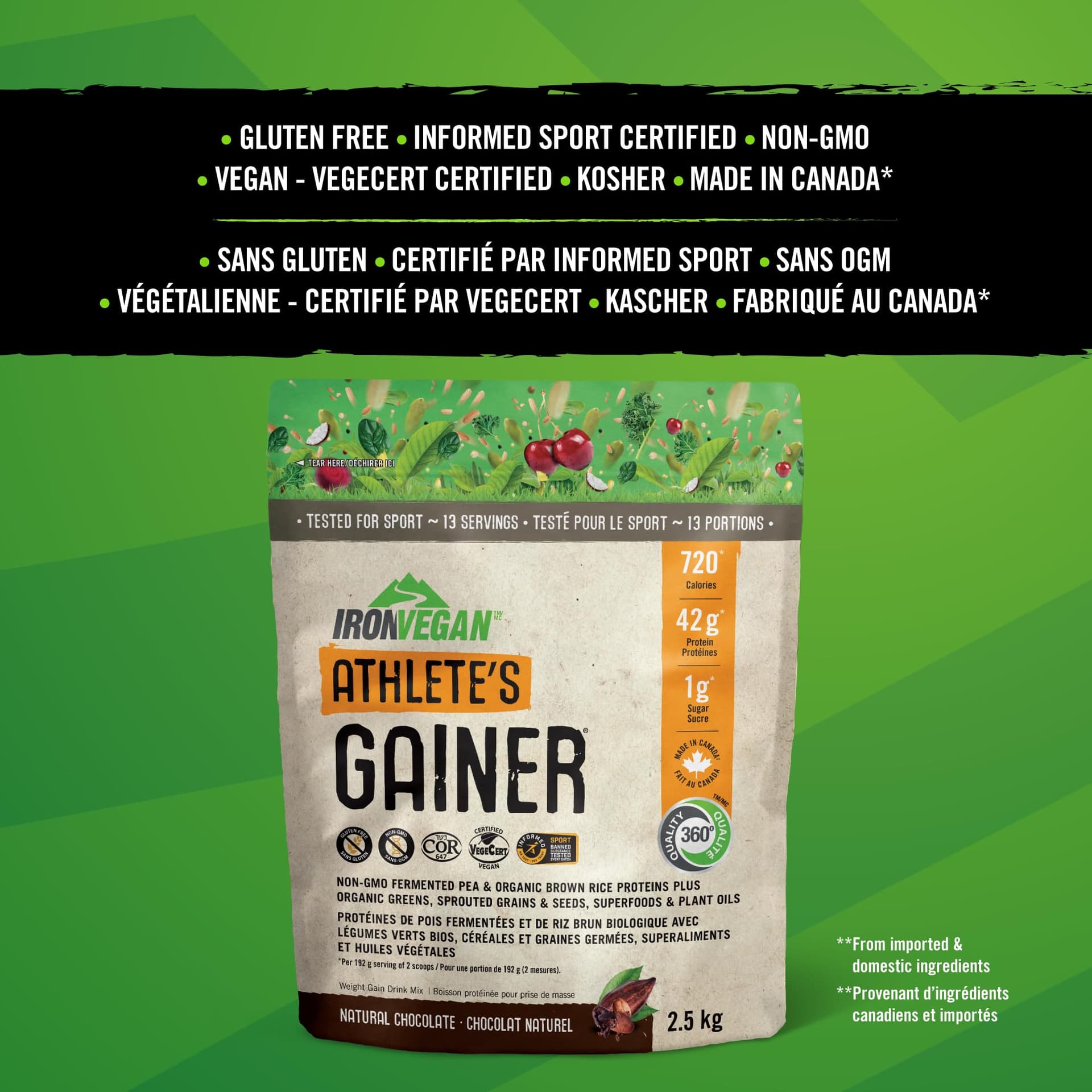 IRONVEGAN Athlete's Gainer Protein Powder, Natural Chocolate Flavour, 2.5 kg – Bild 3