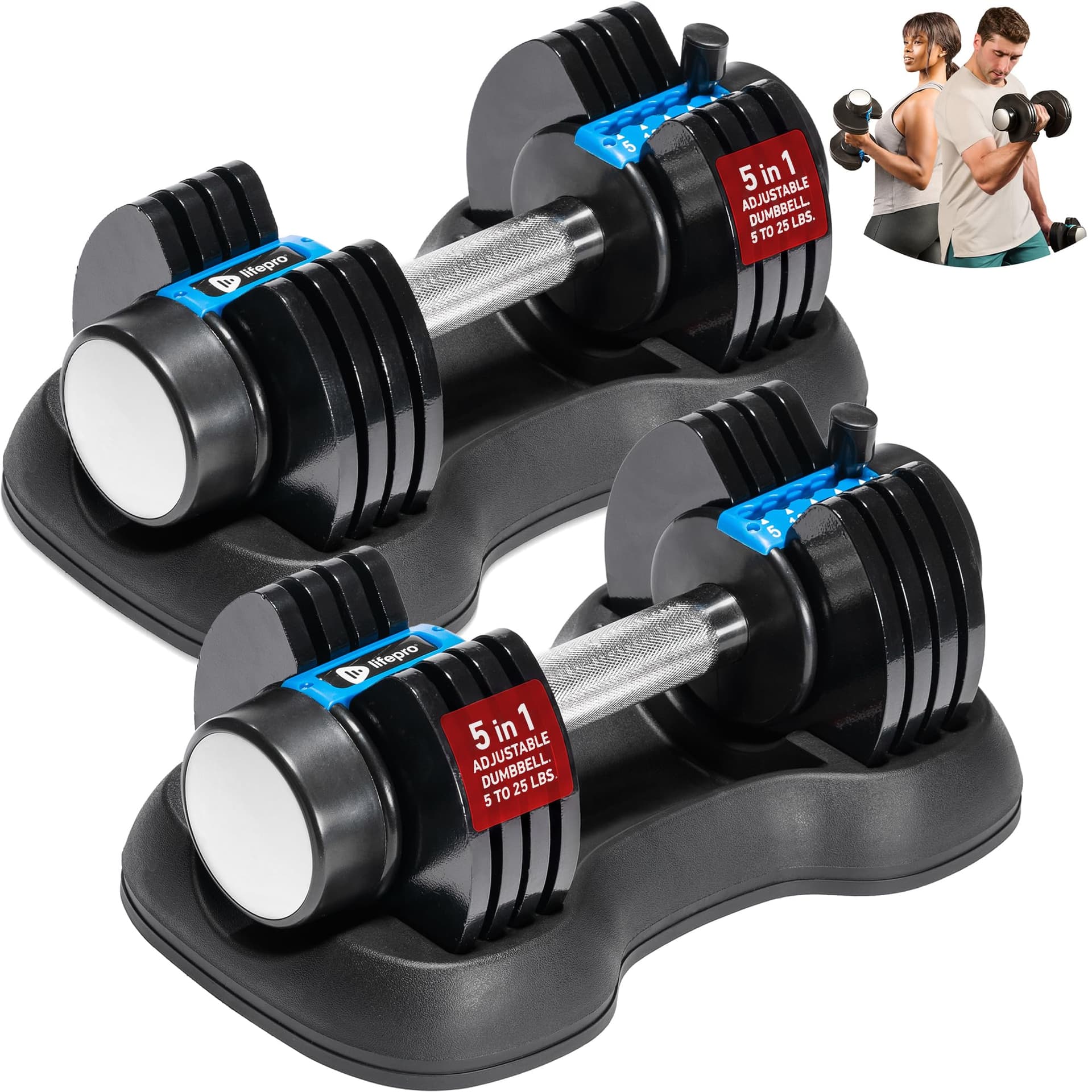 Lifepro Powerflow Plus Adjustable Dumbbell Set of 2 with Rack – 5 to 25 lb