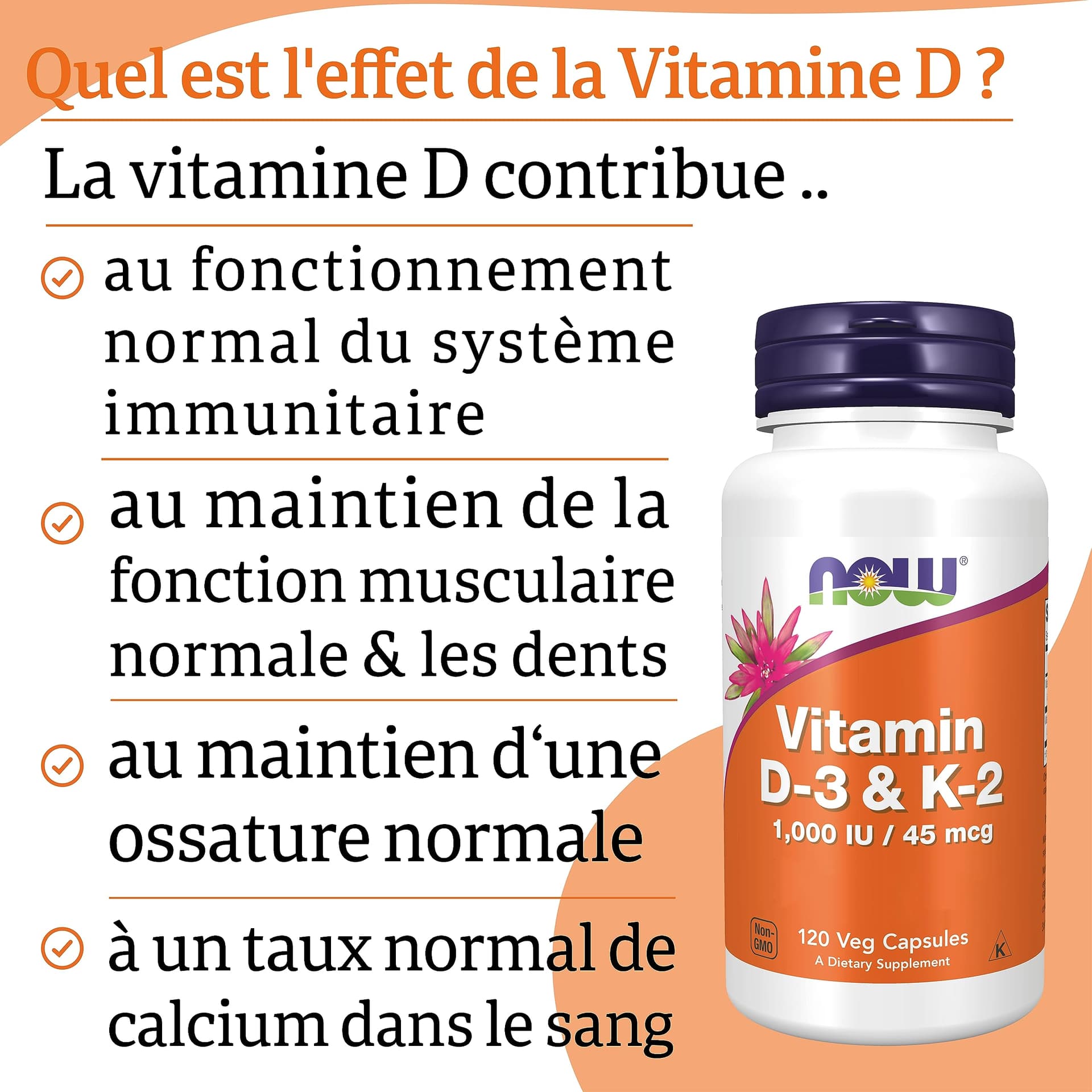 NOW Foods, Vitamin D3 & K2, 1,000IU, 120 Capsules – Bild 4
